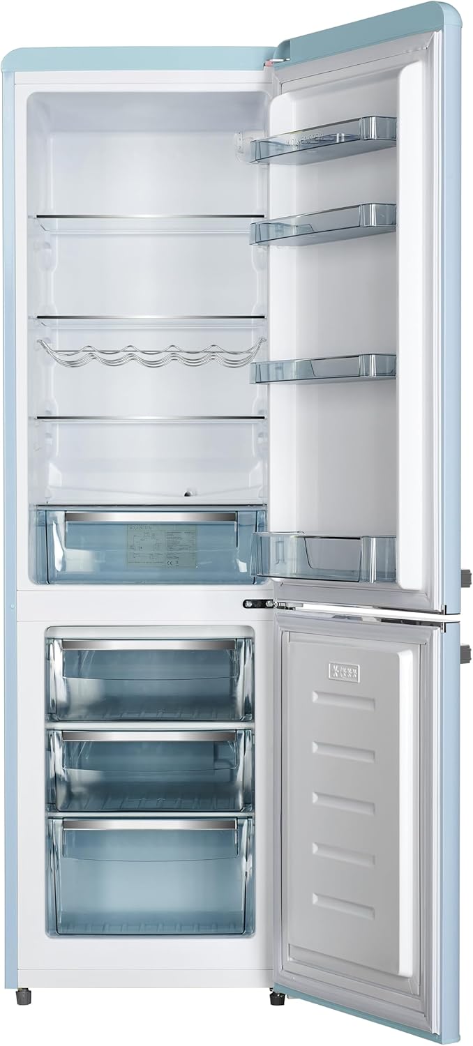 Wolkenstein KG250.4RT LB Retro Kühl-Gefrier-Kombination | Hellblau | 249 Liter Nutzinhalt | 4 Sterne 69 Liter Gefrierfach | Nur 41 dB | LED-Beleuchtung | Silber Applikation | Freistehend