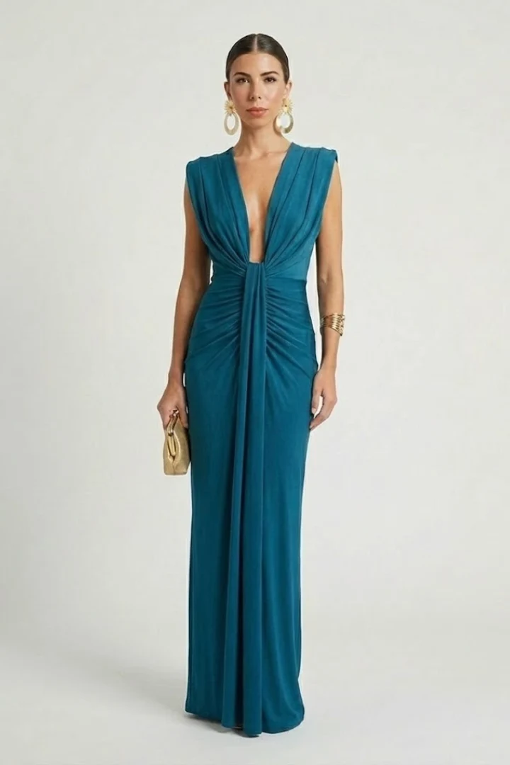 Damen Maxikleid mit V-Ausschnitt | ?rmelloses Abendkleid bodenlang mit vertikaler Plissierung f��r festliche Anl?sse