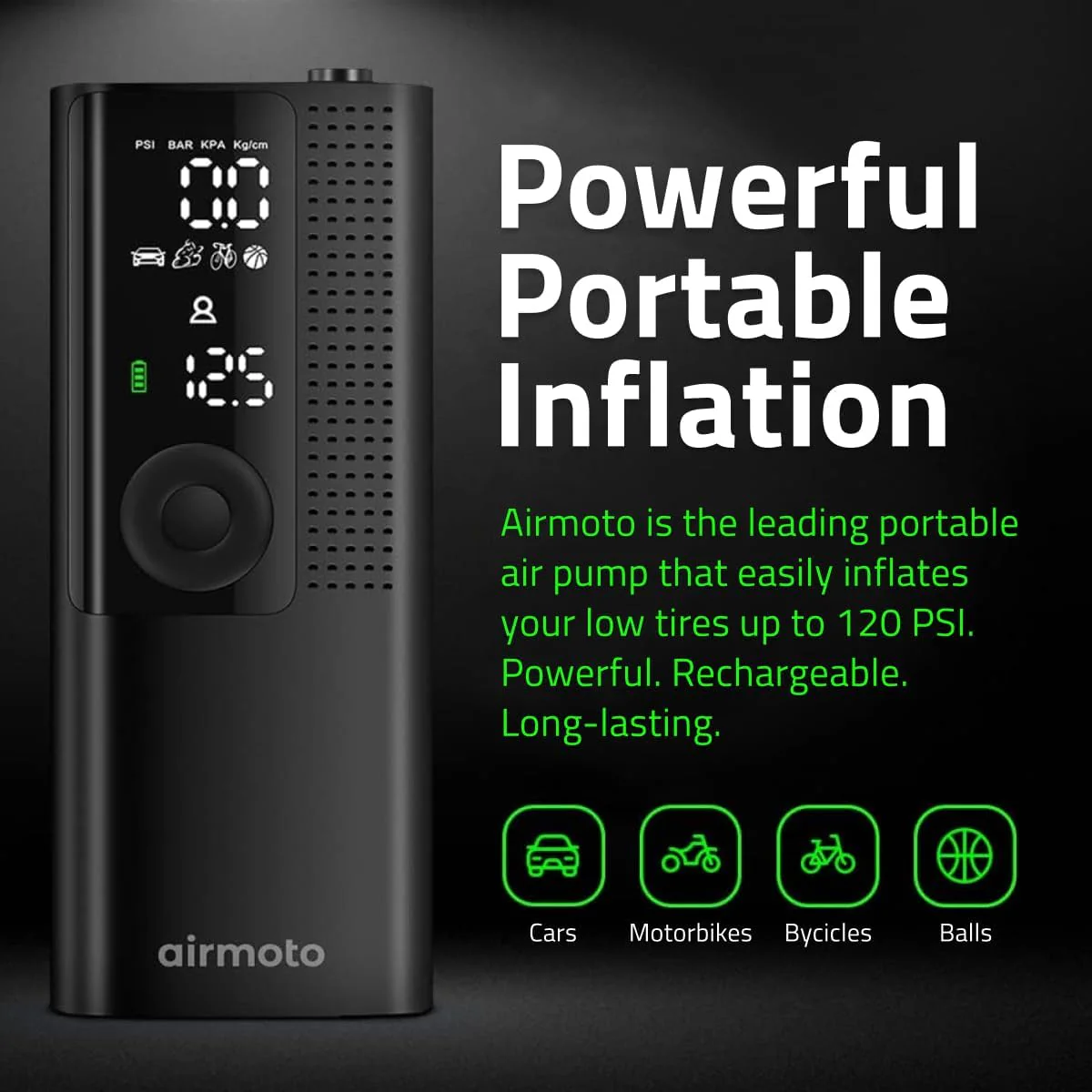 Airmoto Tire Inflator Portable Air Compressor Car Tire Air Pump with Digital Pressure Gauge. LED Light and Auto Shutoff