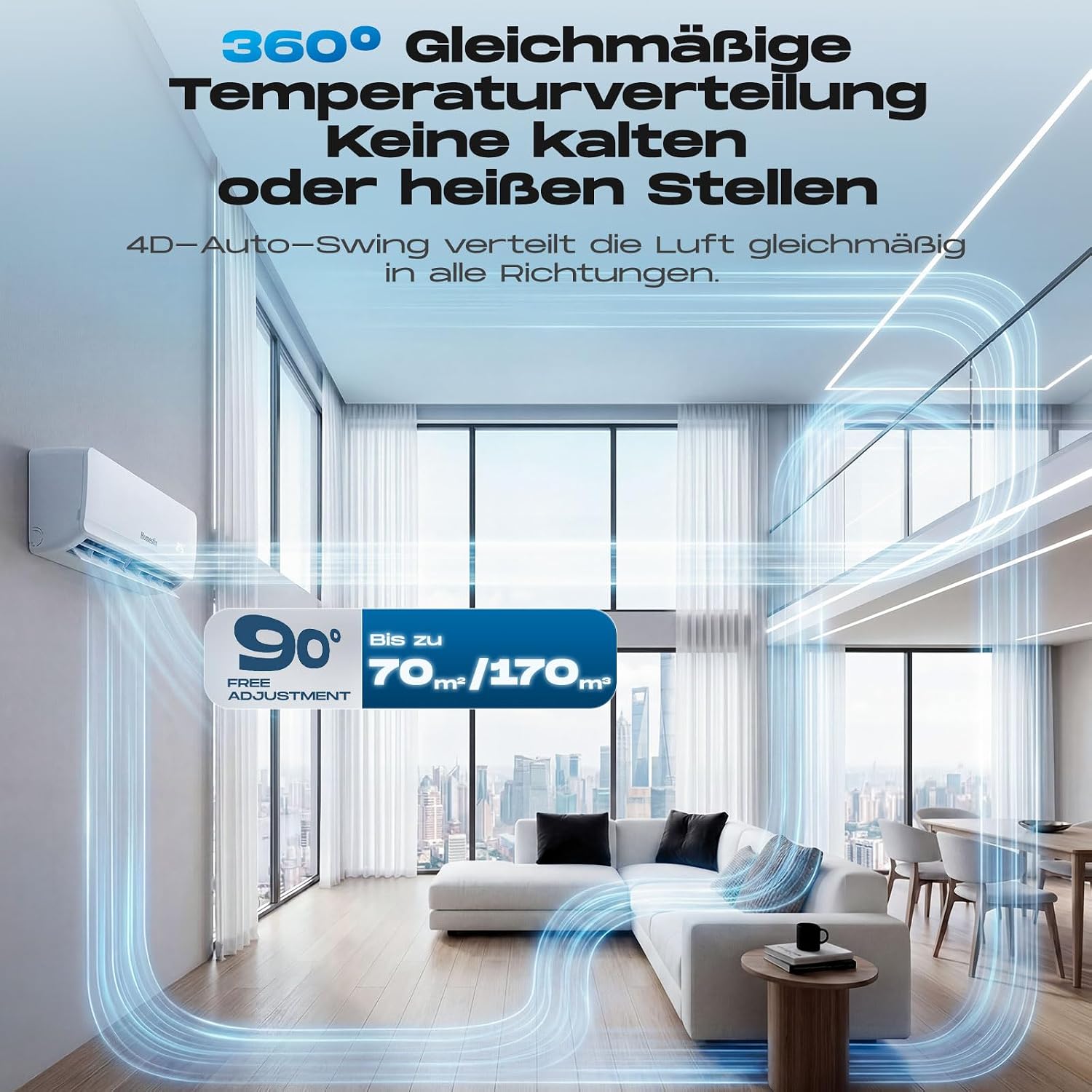 Split Klimaanlage 12000 BTU，4-in-1-Kältegerät mit Heizen, Kühlen, Entfeuchten und Lüften, bis75 m², ultraleise, Fernbedienung & APP, 24h-Timer/Schlaf/ECO-Energiesparmodus, inkl. Montagematerial