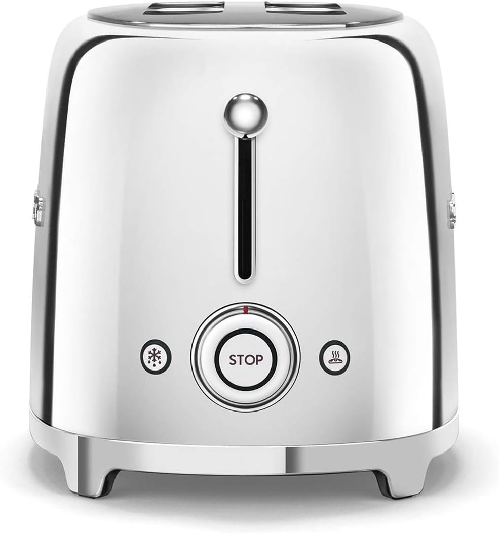Smeg, 2x2 TSF01SSEU -Toaster, 2 Schlitze für 2 Scheiben, 6 Vergoldungsniveaus, Heizfunktion, Abtau- und Bagel- Funktion, Sammelschublade, 950W, Chrom