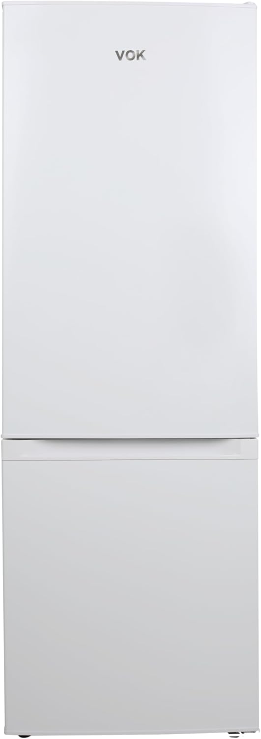 VOK Frigorífico Combi 154L EVR-154DEW, 142 cm Altura x 48,3 cm Ancho, Clase E, Bajo Nivel Sonoro 39 dB, Puerta Reversible, Estanterías Cristal Reforzado, Blanco