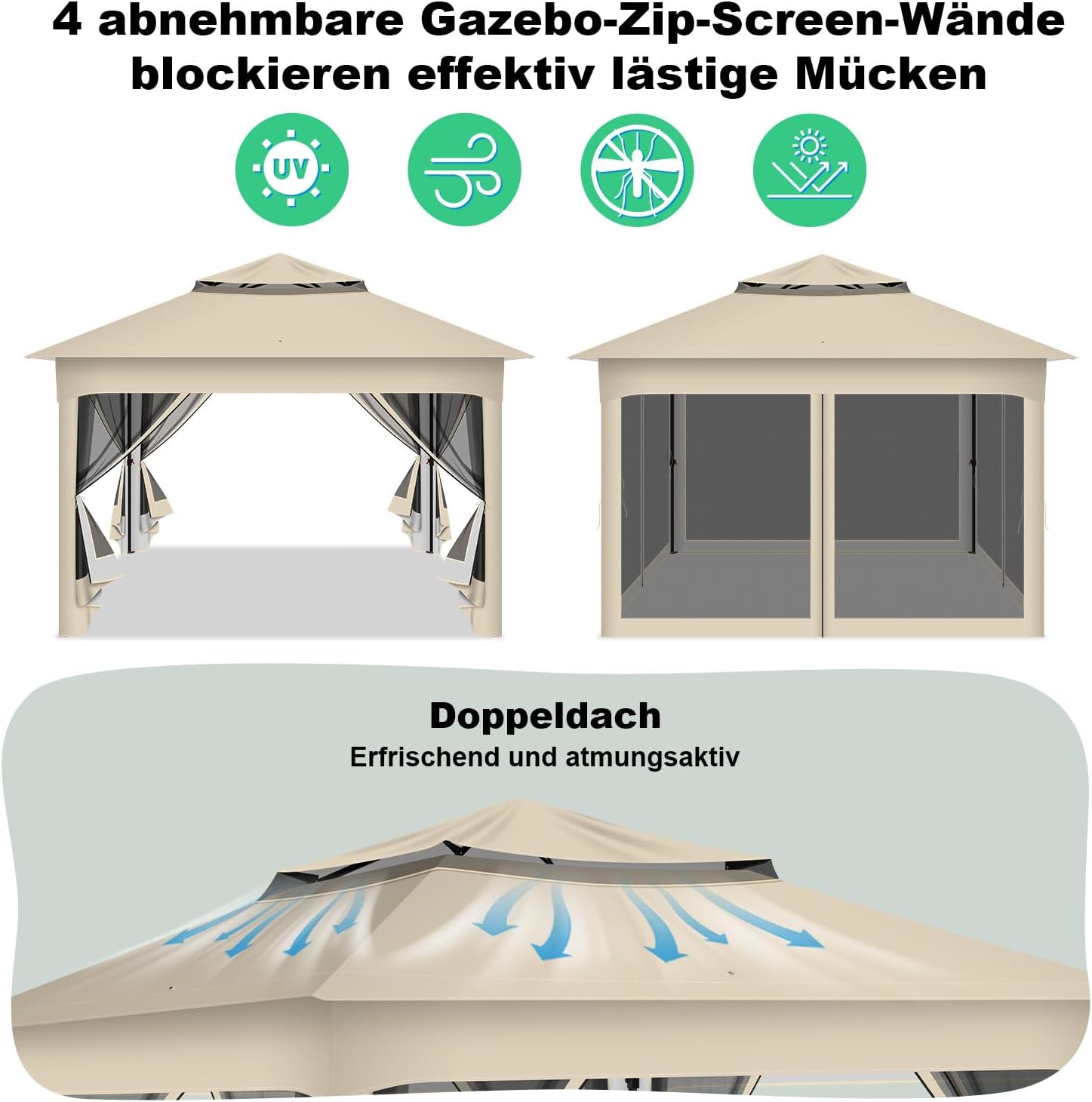 Gartenpavillon 3x3m Wasserdicht UV-beständig, Pavillon mit 4 Seitenteilen, Höhenverstellbar, Stabil Partyzelt mit Sandsäcken & Tragetasche mit Rädern für Garten Party Camping, Beige