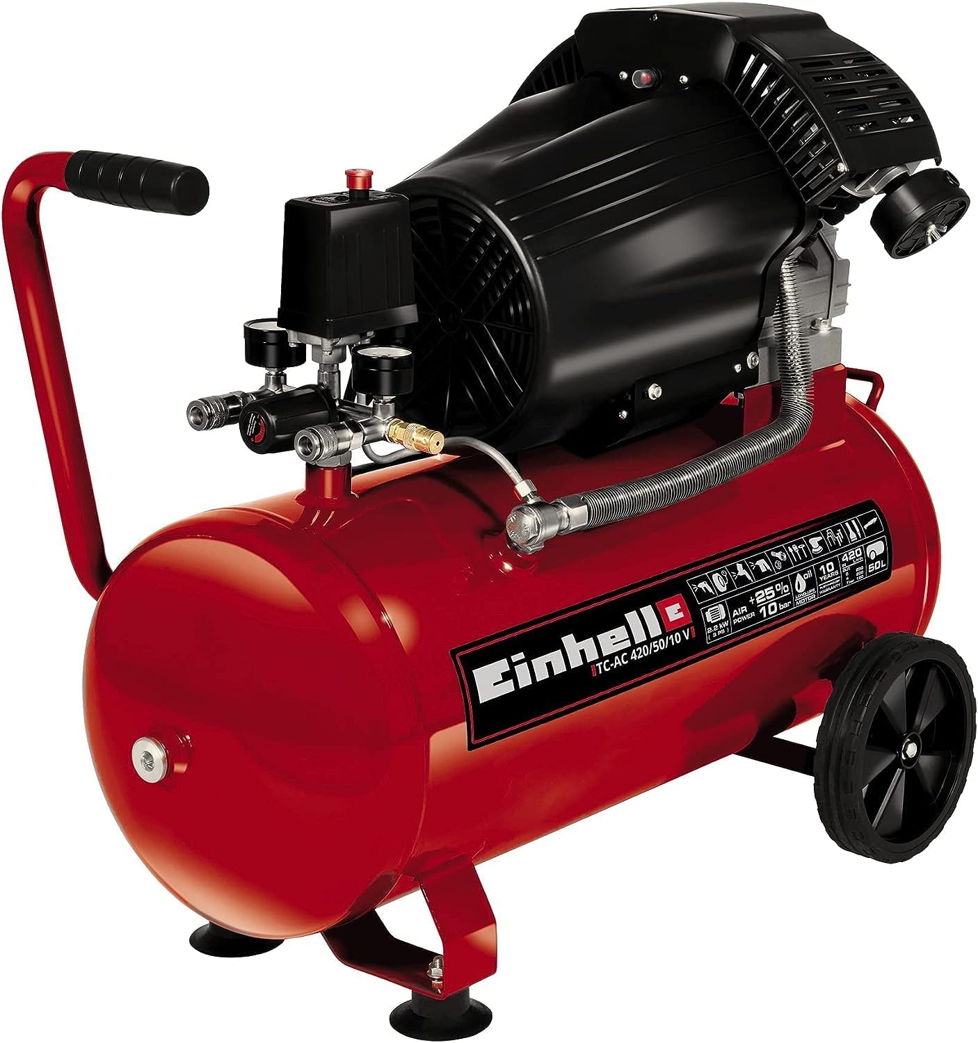 Einhell Kompressor TC-AC 420/50/10 V (2200 W., max. 10 bar, 50 l-Tank, 420 l/min Ansaugleistung, Motordrehzahl 2850 min-1, Druckminderer, Manometer, Ölschmierung)