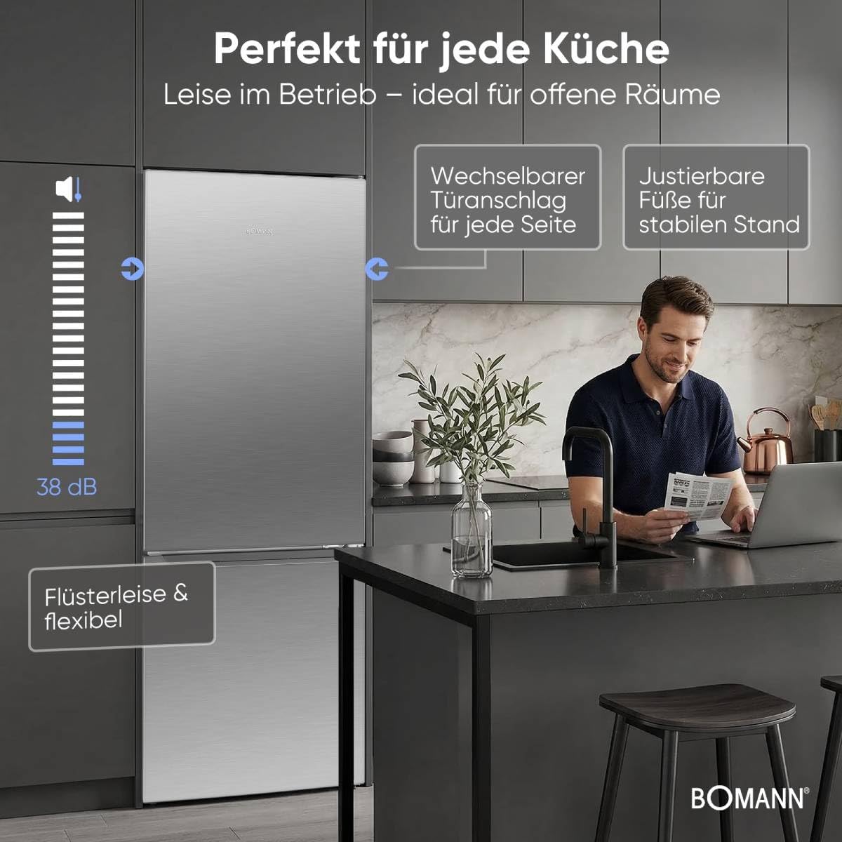 Bomann® Kühlschrank mit Gefrierfach | Energieklasse C | 176cm | LowFrost | 5 Jahre Kompressor-Garantie | Kühl Gefrierkombination leise | Türanschlag wechselbar | Kühlgefrierkombi | KG 7369 silber
