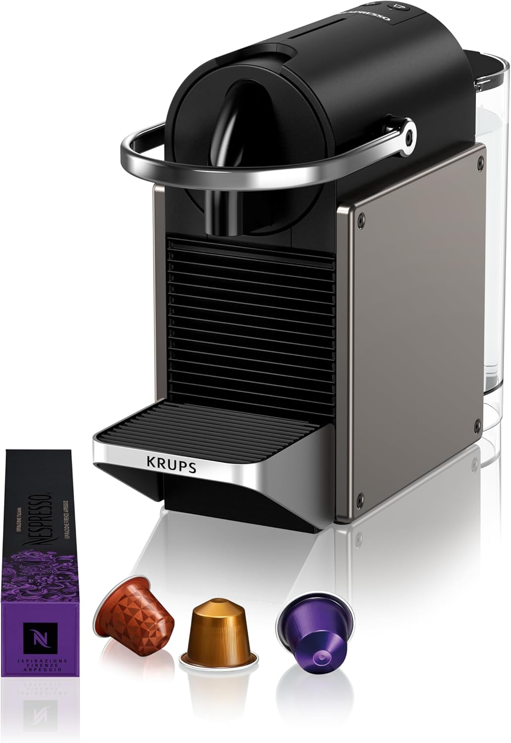 Krups Nespresso Pixie Redesign Kaffeekapselmaschine, 1260 W, 0,7-L-Wassertank, Espresso oder Lungo, energiesparend, recycelbare Kapseln, inkl. Willkommensset, Titan, XN306T10