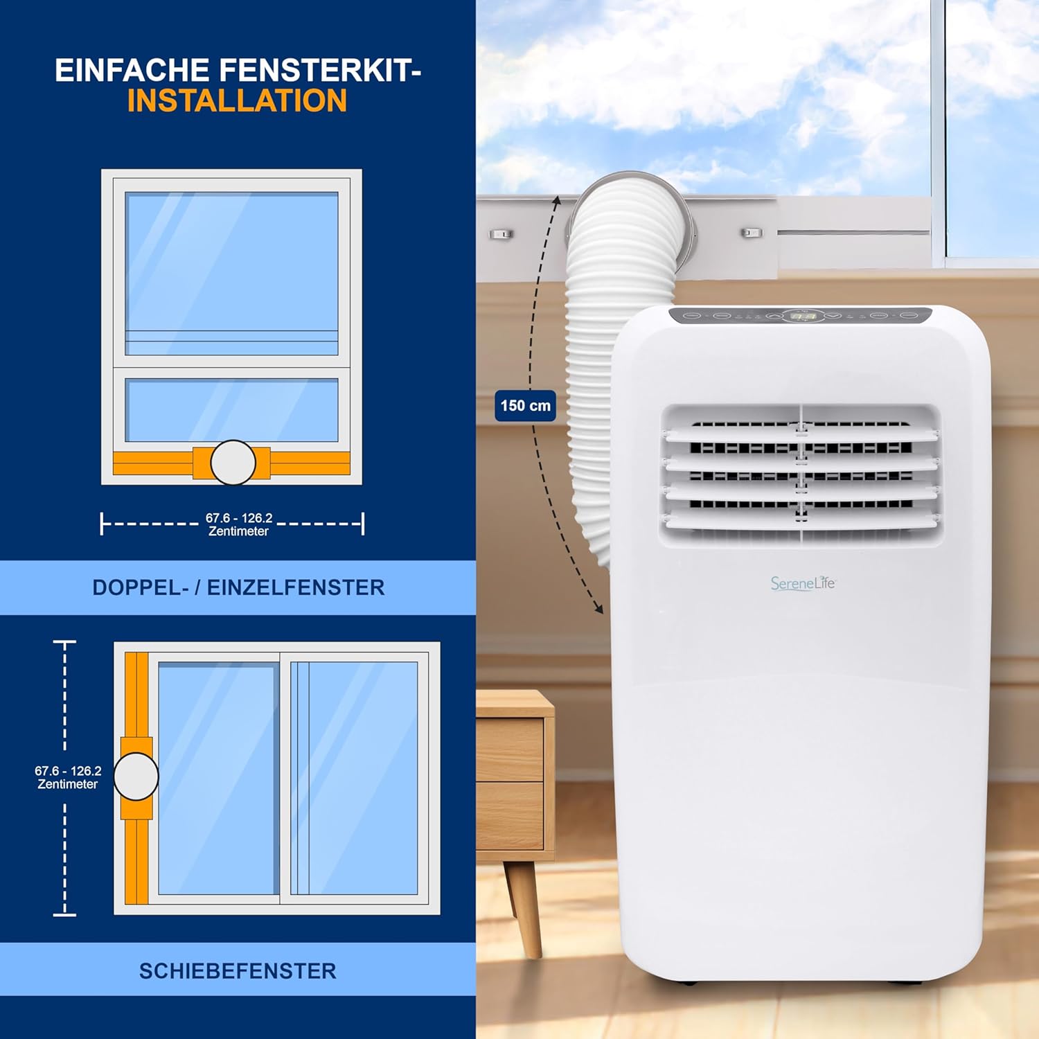 SereneLife Mini Klimaanlage mobil, 3-in-1 mobiles Klimagerät mit Abluftschlauch – Luftkühler, Luftentfeuchter & Ventilator, Air conditioner – 9.000 BTU, 1,5L Feuchtigkeit/Stunde, kühlt Räume bis 42 m2