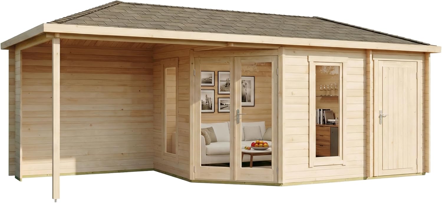 5-Eck Gartenhaus Liwa mit Anbau aus Holz in Naturbelassen mit 28mm Wandstärke und Überdachter Terrasse