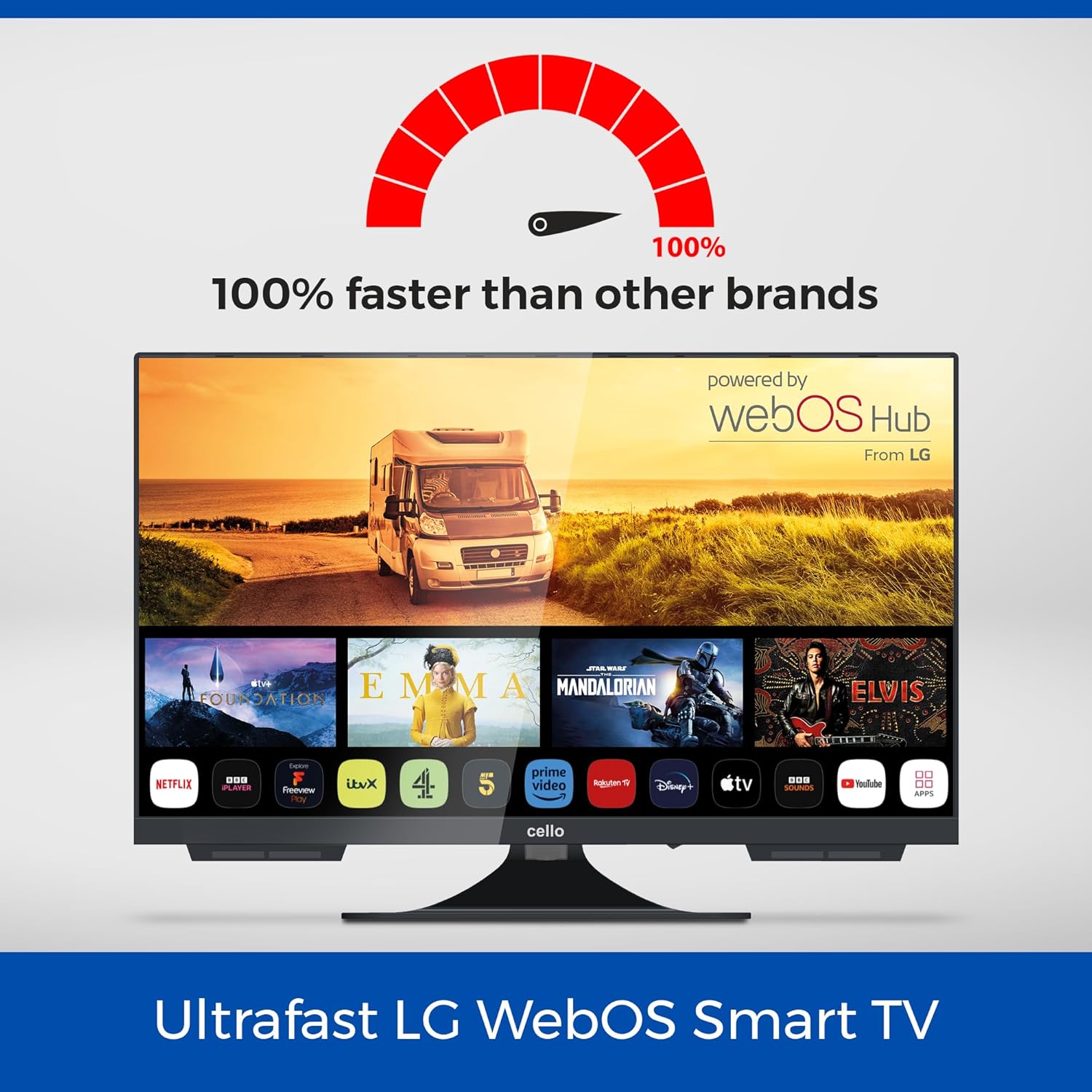 Cello C2224WS 12 Volt 22 Zoll Traveller Smart rahmenloser Fernseher Ultrafast WebOS, Pitch Perfect Lautsprecher Bluetooth, Netflix, Kleiner Fernseher für Wohnmobile und LKWs