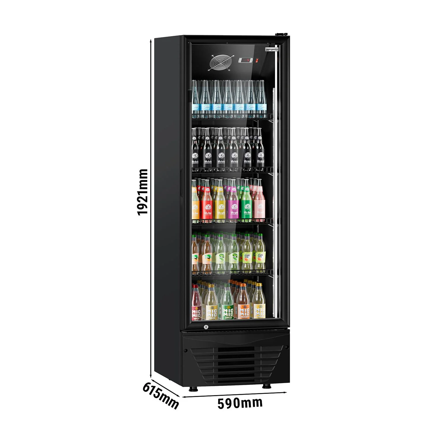 Displaykjøler - 590 mm - 330 l - digital temperaturstyring - med 1 glassdør & LED-belysning - svart