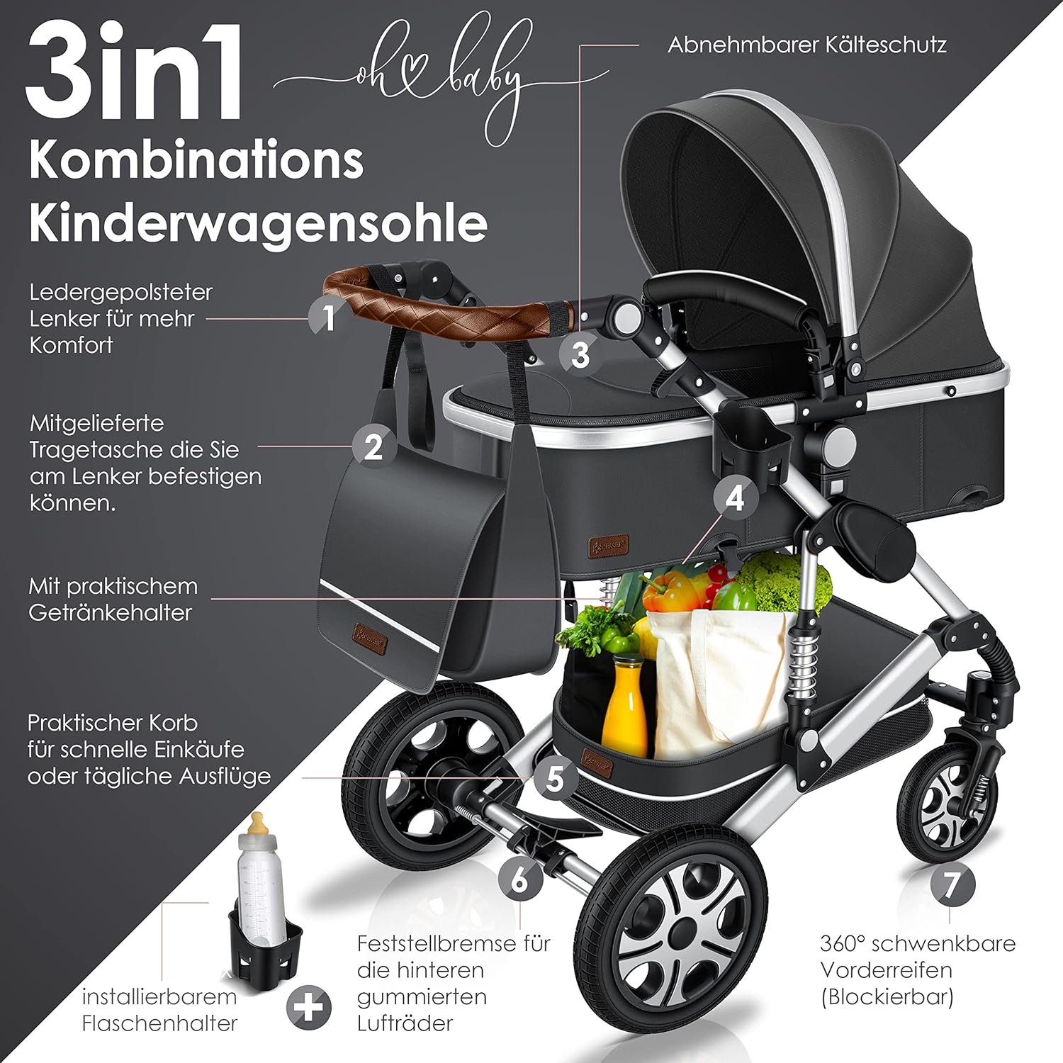 KESSER® Loops 3 in 1 Kinderwagen Kombikinderwagen Komplett-Set inkl. Babywanne & Buggy Sportsitz & Auto-Babyschale Voll-Gummireifen Wickeltasche Regenschutz Kindertisch ECE R129, Schwarz/Champagne