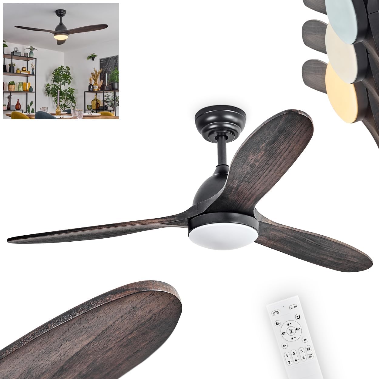 LED Deckenventilator Mosstena, dimmbare Deckenlampe mit Ventilator aus Metall/Holz in Schwarz/Mahagoni/Holz dunkel/Weiß, Auf-/Abwind, 6 Stufen, CCT, Fernbedienung, Wohnzimmer, Schlafzimmer, Büro