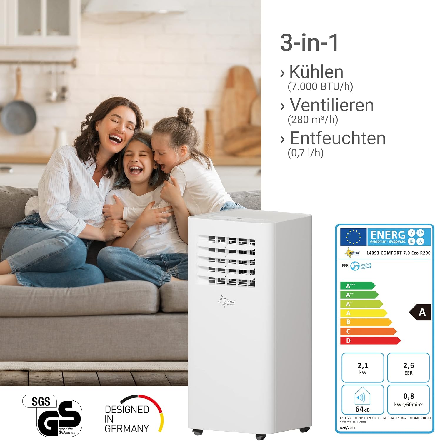 SUNTEC Mobiles Klimagerät COMFORT 7.0 Eco R290 – Klimaanlage mobil und leise mit Abluftschlauch – Kühler & Entfeuchter für Räume bis 25 qm – Mobile Kühlung für Wohnung & Büro – 7.000 BTU – 2.050 Watt