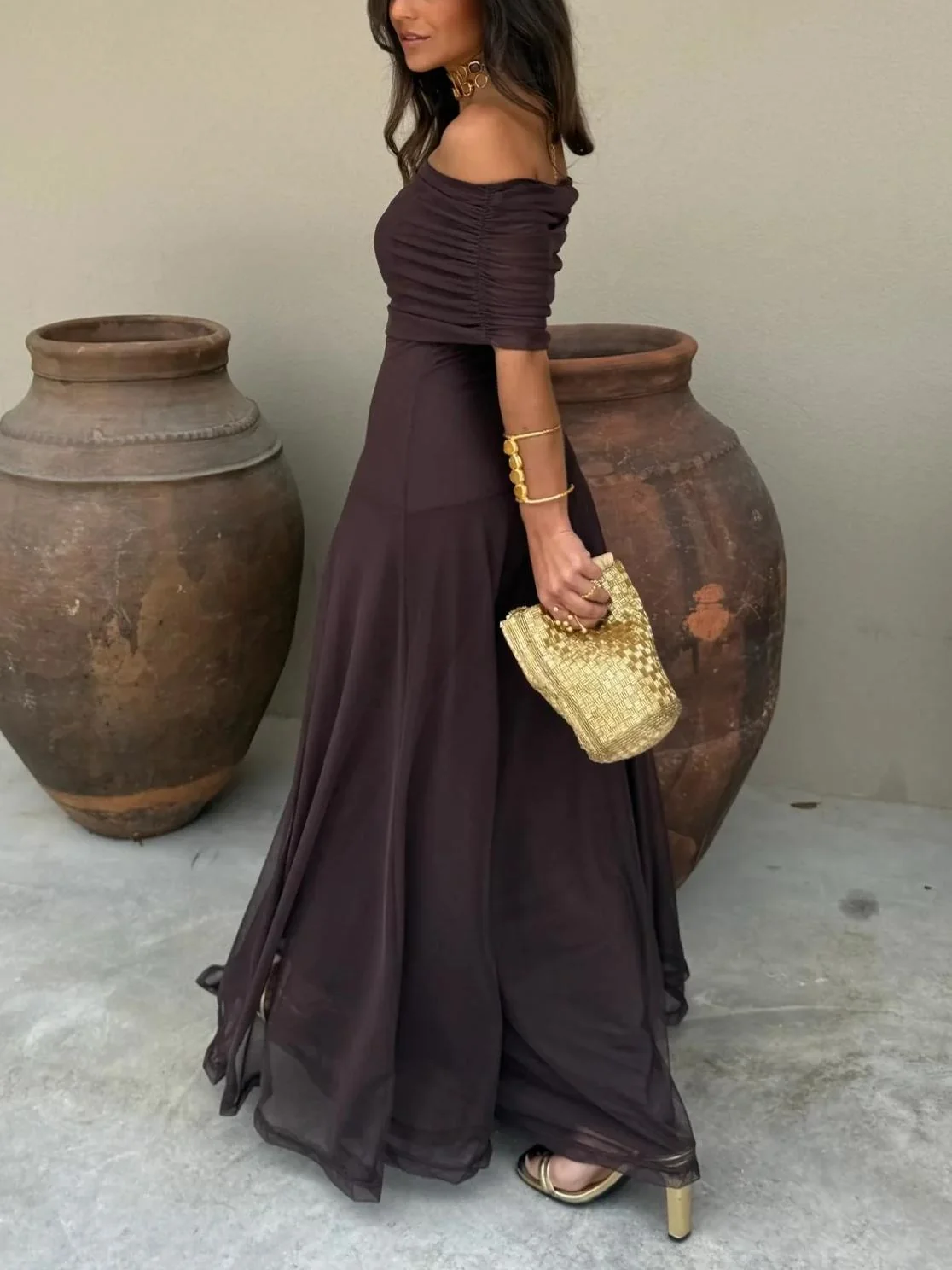 Off-Shoulder-Maxikleid mit Chiffon-Overlay f��r Damen