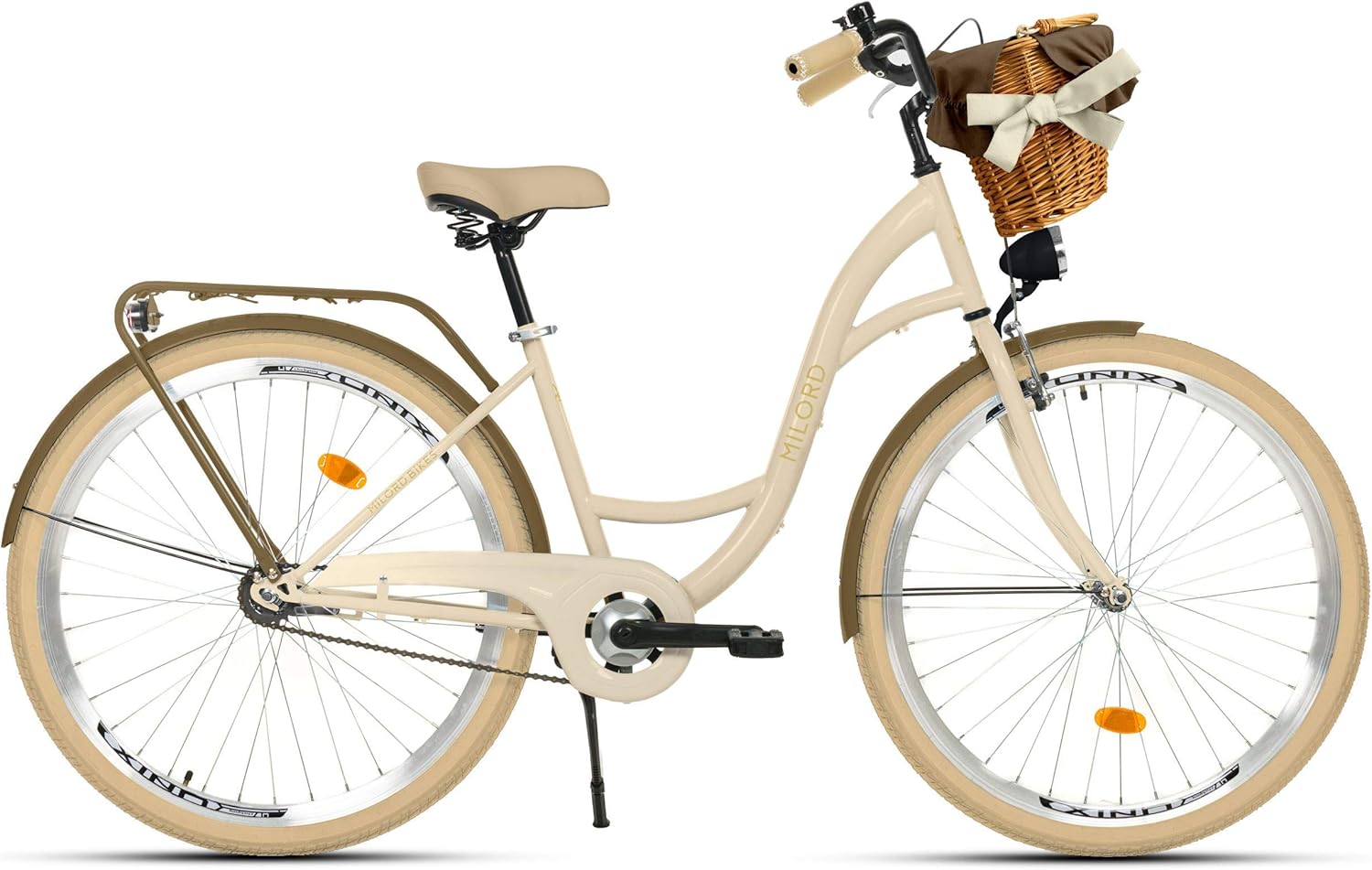 MILORD Creamy Brown Comfort Bike 1 Speed 28 Inch with Basket and Rear Bracket Dutch Women Urban Retro Vintage