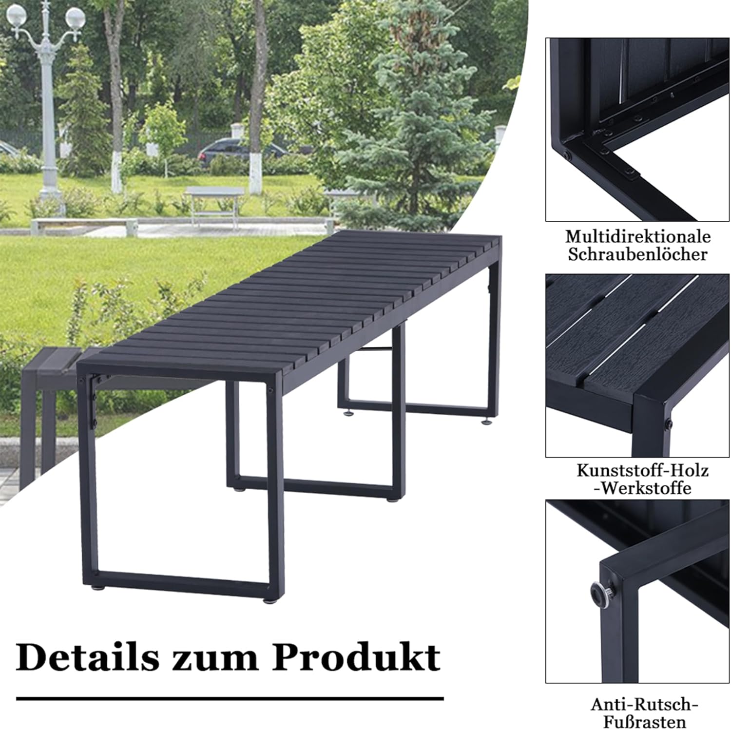 Mingone Outdoorbank für 3-4 Personen, witterungsbeständige Holz-Kunststoff-Verbundwerkstoffe (WPC), Gartenbank für Park und Terrasse, Schwarze Sitzbank ohne Rückenlehne, Belastbarkeit 250 kg