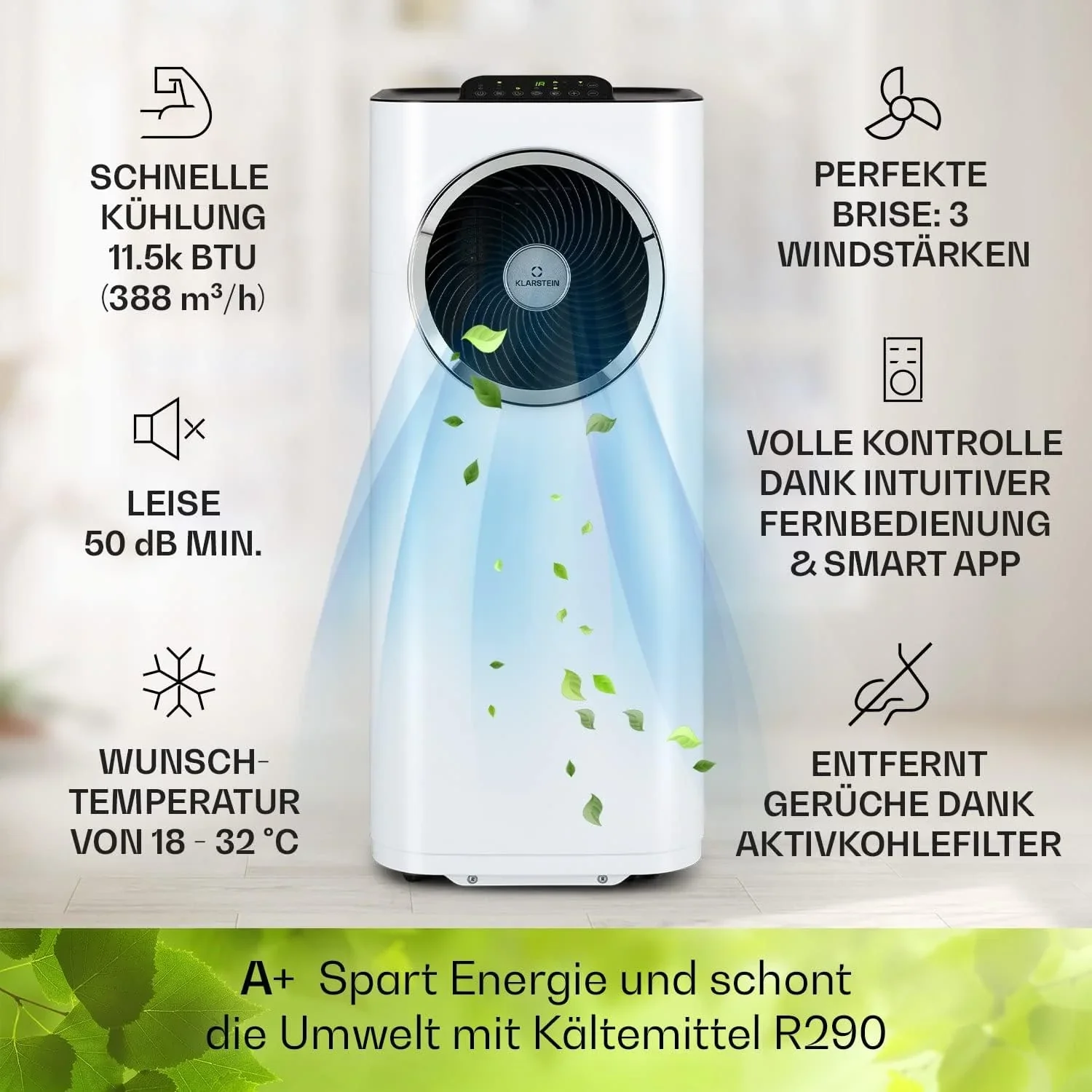Klarstein Mobile Klimaanlage mit Abluftschlauch, 5-in-1 Klimager?t, Ventilator, Luftentfeuchter, Luftreiniger & Nachtmodus, App-Steuerung, Kleine & Portable, f��r Wohnung & B��ro, 12000 BTU
