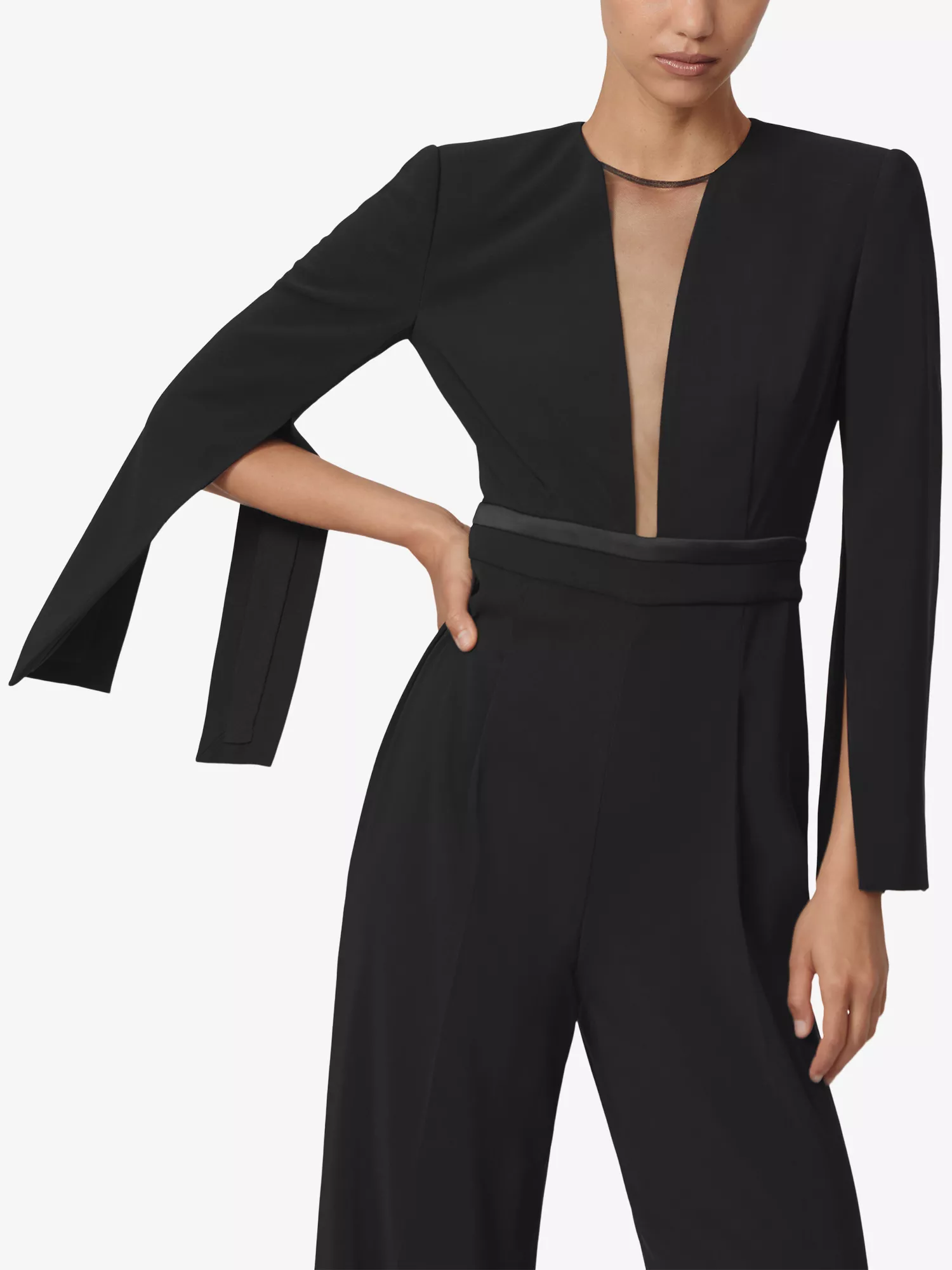 Reiss Womens Black Plunge-neck Split-sleeve Jumpsuit