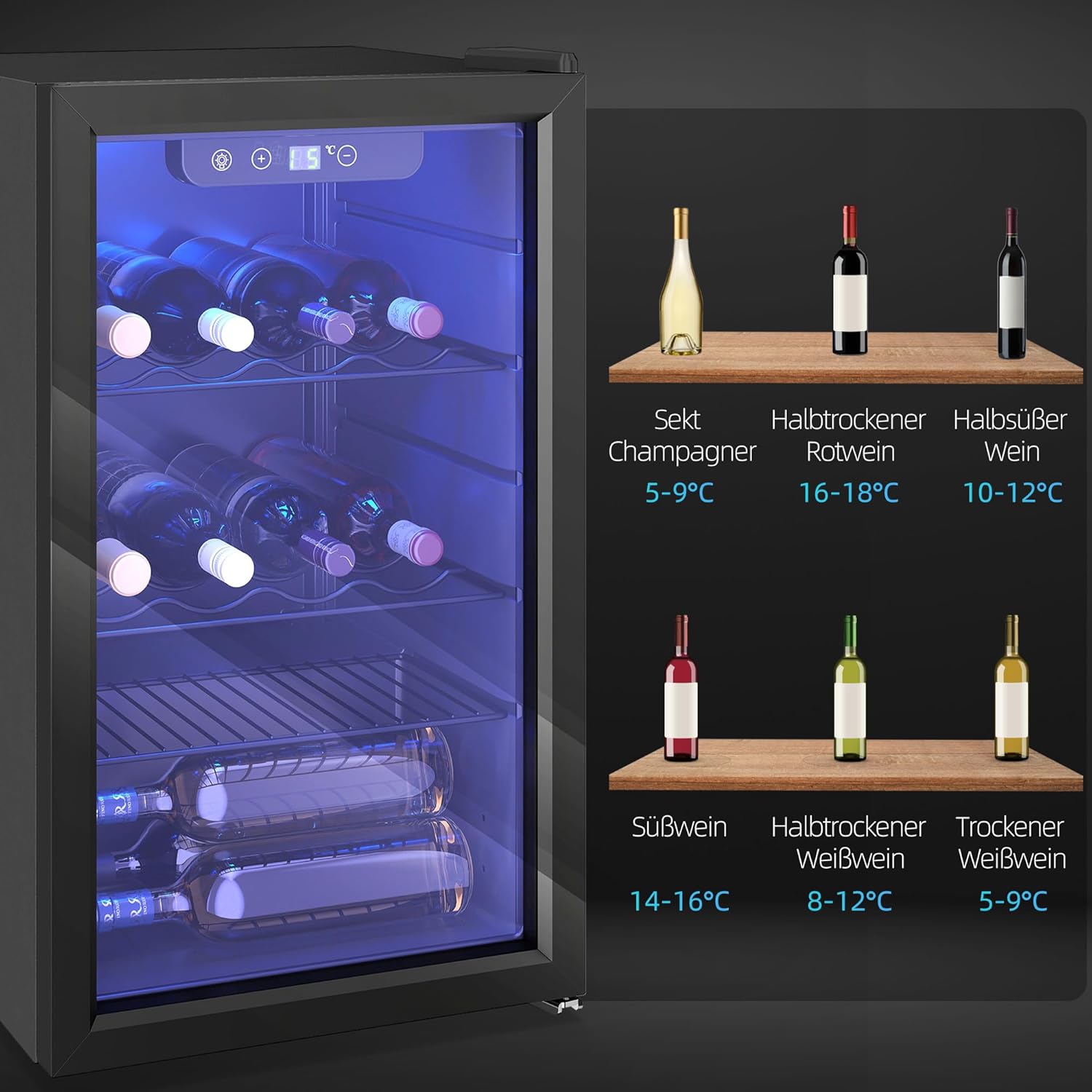 HOMCOM Weinkühlschrank 24 Flaschen, 68 Liter Weinschrank Klein, Getränkekühlschrank Flaschenkühlschrank mit Doppelglas-Tür, 4-16°C, LED-Beleuchtung, Digitalem Touchscreen, Wine Fridge, Schwarz
