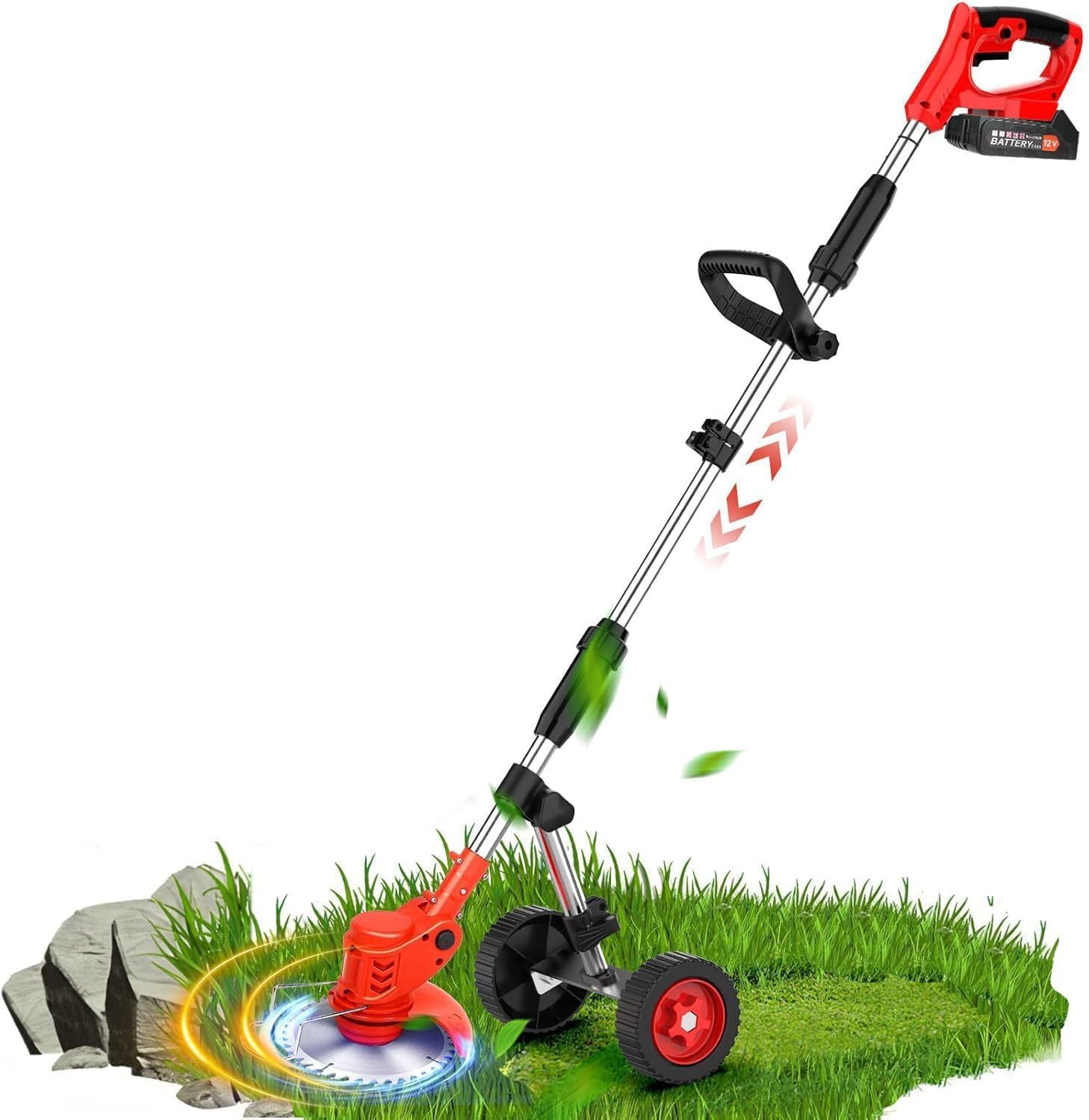 Lacoco 21V Cordless Grass Trimmer & Lawn Edger with Wheels - Electric Weed Wacker & Brush Cutter, Includes 3 Blades, 2 Batteries & Charger