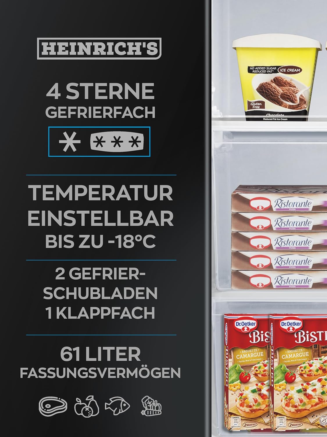 Heinrich´s Gefrierschrank 61Liter -18°C Freezer, 3x Gefrierschublade, 7 Stufen Temperaturregler, Airflow, wechselbarer Türanschlag weiß