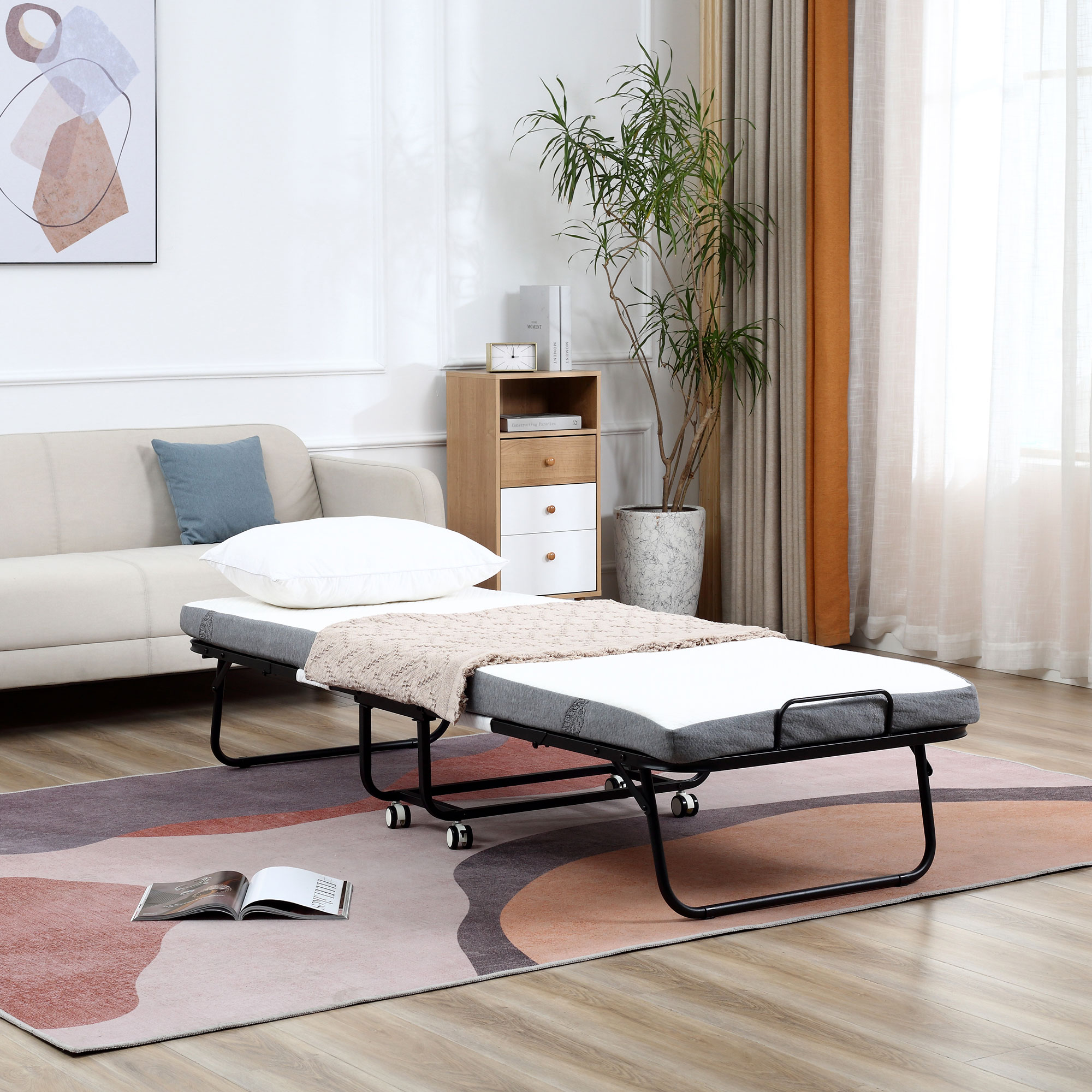 Opklapbaar bed 1 persoons met wielen verstelbaar, tot 150 kg, wit + zwart, 200 x 75 x 42,5 cm | Aosom.nl