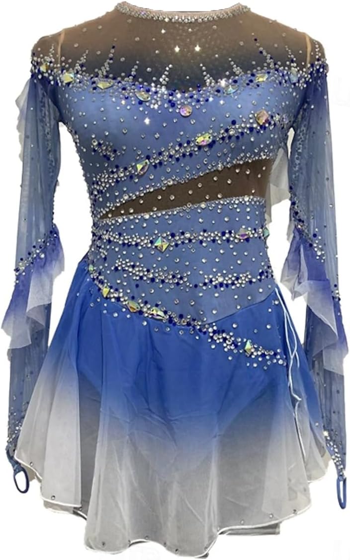 purpleq Professionelles Eiskunstlauf Wettkampf Kleid Gradient Langärmliges Eislauf Performance Kostüm für Mädchen Gymnastik Trikots Activewear Kristall/Strass Rollschuhkleid