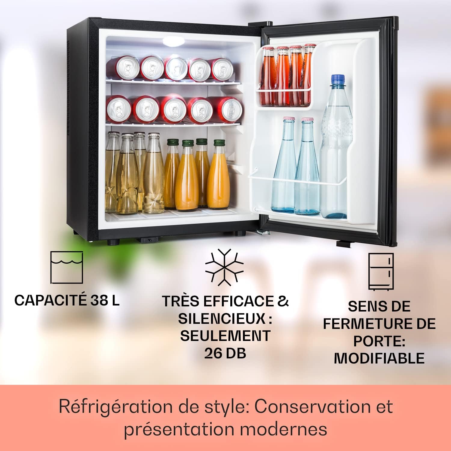 KLARSTEIN Mini Réfrigérateur pour Boissons, Snacks & Cosmétiques, Petit Minibar, Réfrigérateur Petit & Silencieux, Clayettes Réglables, Skincar 6-18°C, 38L