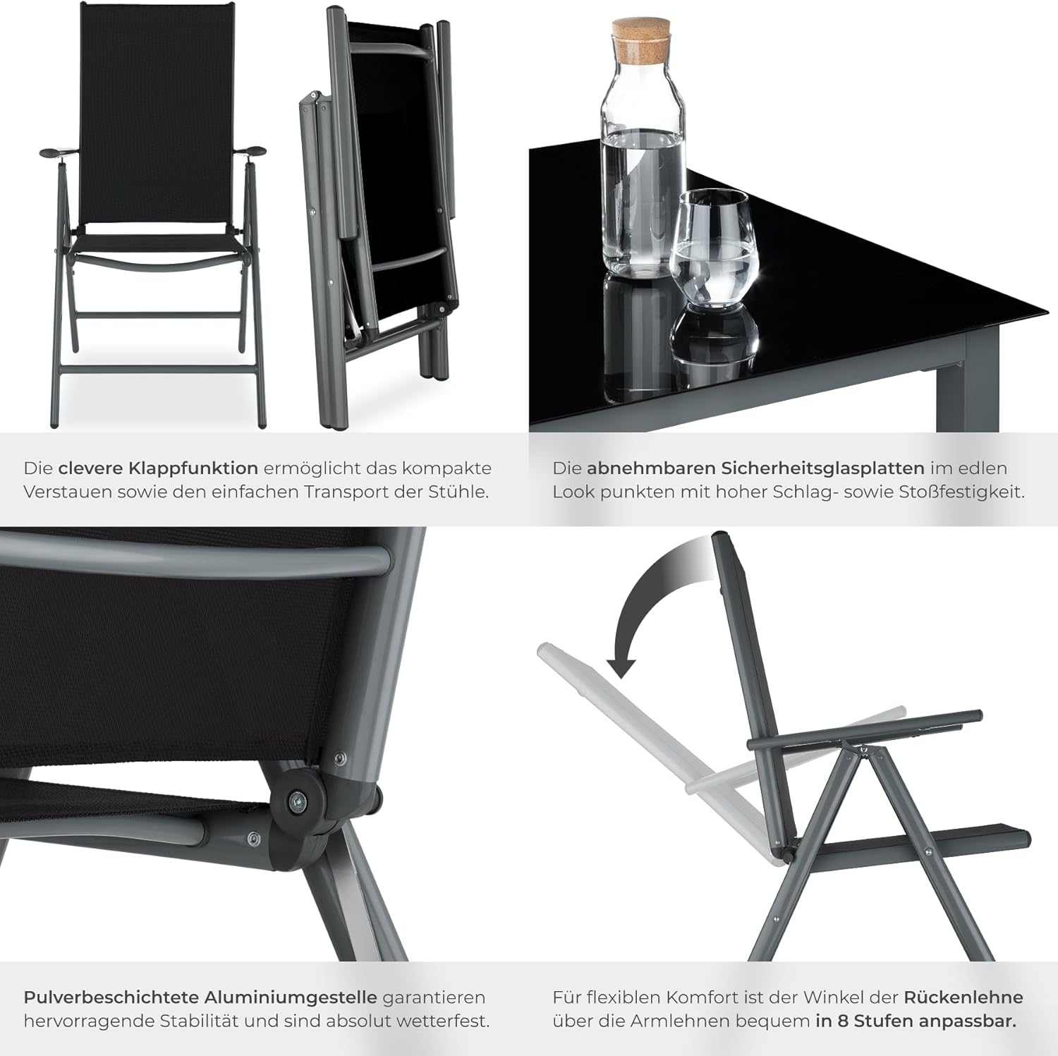 tectake® Aluminium Sitzgruppe 8+1, Gartenmöbel Set mit Stuhl und Tisch, klappbare Gartenstühle, Gartentisch mit Sicherheitsglas, wetterfeste Terrassenmöbel, für Garten Terrasse Balkon - anthrazit