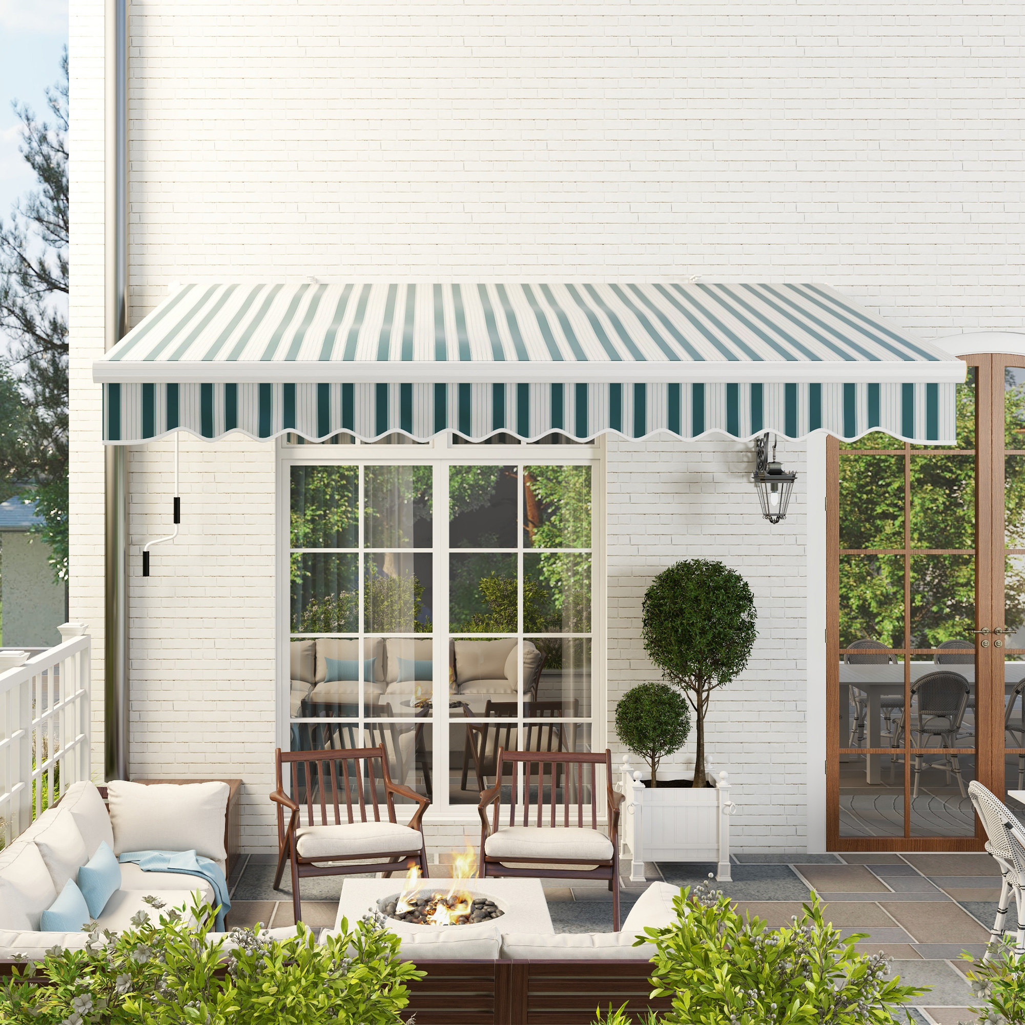 handmatige knikarmluifel 4m met handslinger balkonluifel zonwering wandmontage balkon aluminium wit + groen 395 x 245 cm