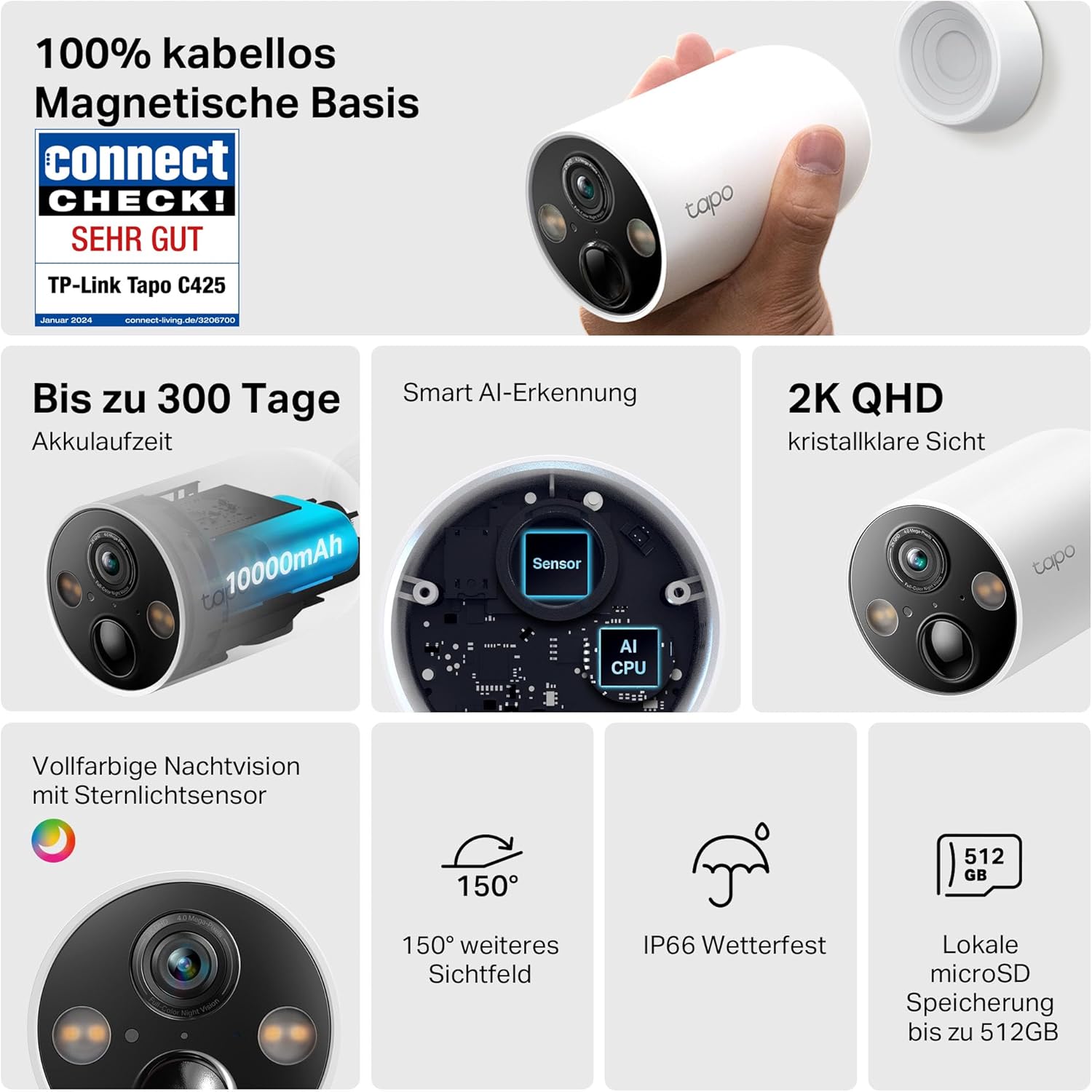 Tapo C425 Außenkamera Akku, 4-Pack | Überwachungskamera aussen mit Magnetische Basis, 2K Auflösung, WLAN, 10000-mAh-Akku, 150° FOV, Kein Hub erforderlich, Unterstützt Solarpanel, Alexa-kompatible