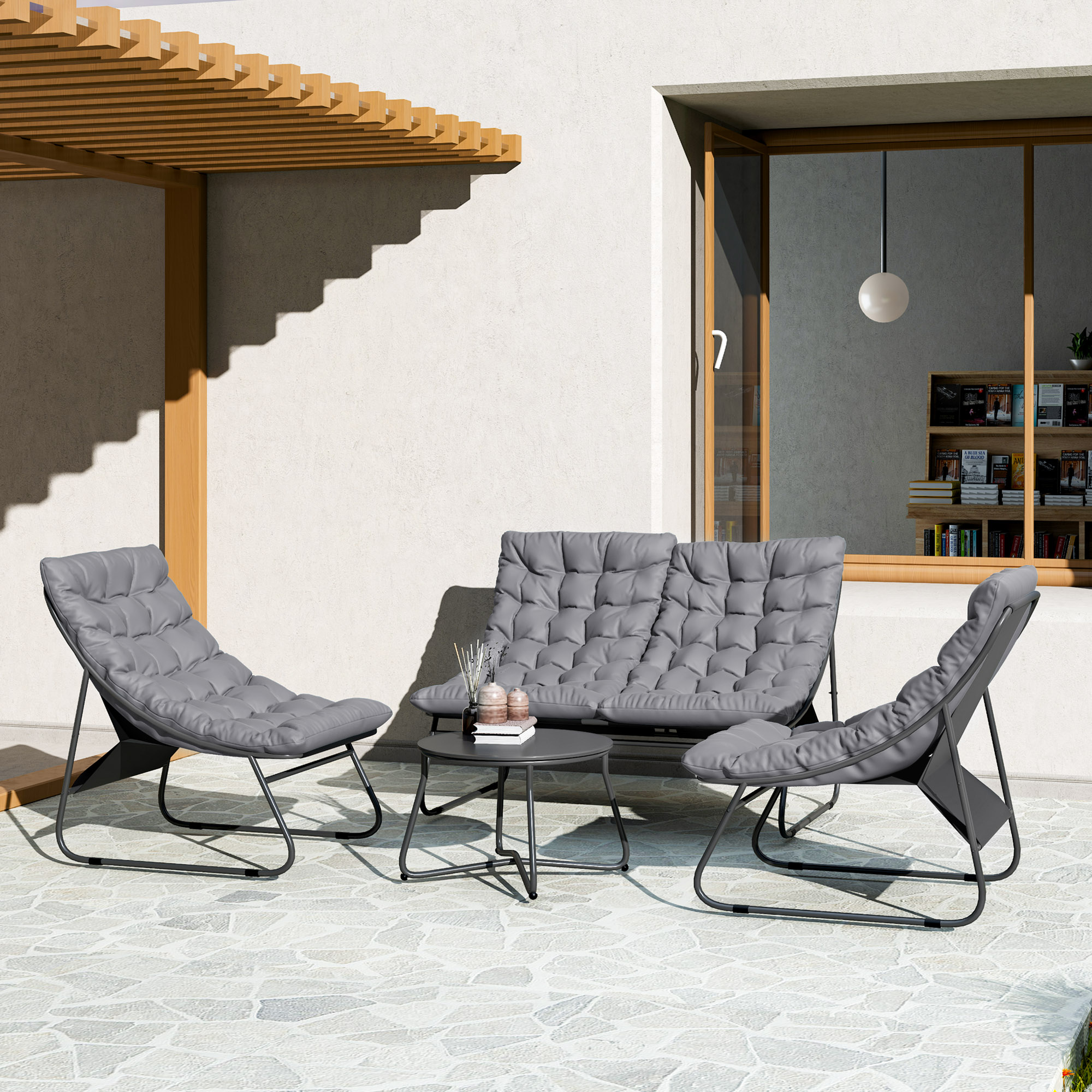4-persoons tuinmeubelset, 2 stoelen, 1 dubbelsofa, 1 tafel met glasplaat, dikke kussens, stalen frame, voor terras, Grijs