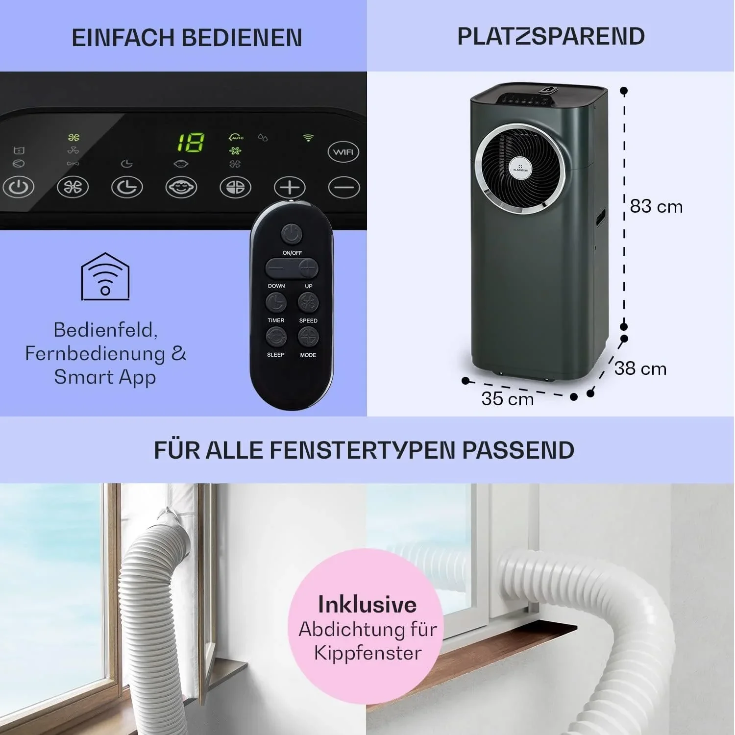 Klarstein Mobile Klimaanlage mit Abluftschlauch, 5-in-1 Klimager?t, Ventilator, Luftentfeuchter, Luftreiniger & Nachtmodus, App-Steuerung, Kleine & Portable, f��r Wohnung & B��ro, 12000 BTU