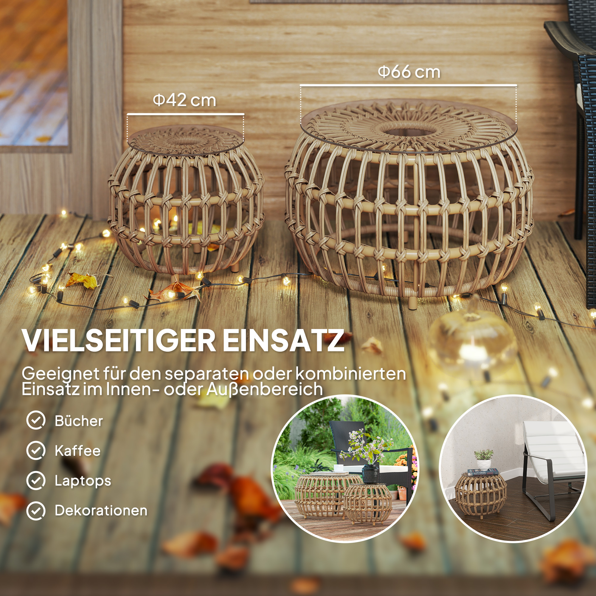 Outsunny 2-delige Set Bijzettafels Polyrattan ?66/42 cm Rond Weerbestendig met Glazen Blad - Bruin