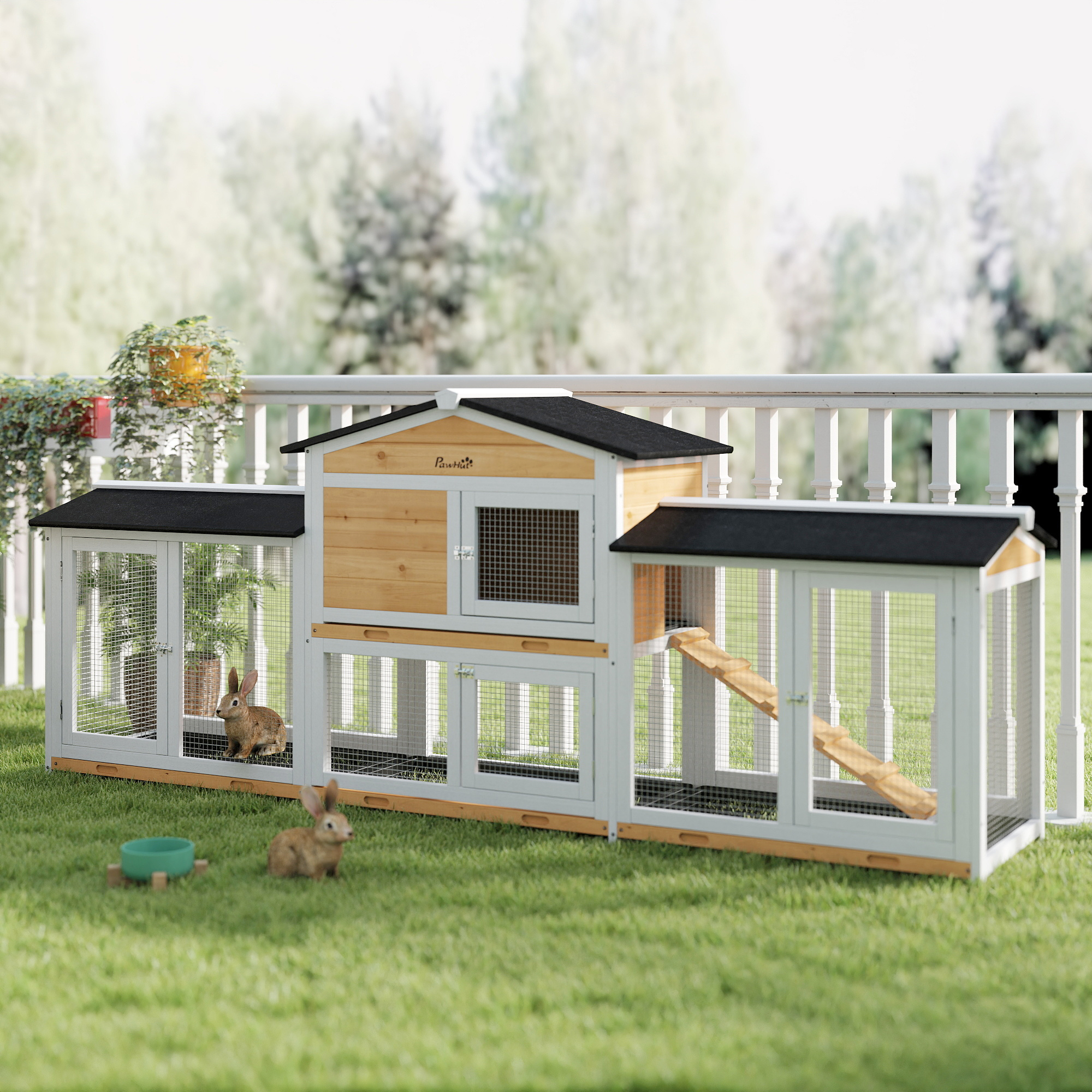 PawHut konijnenhok met ren, hok voor kleine dieren, dwerg konijnenhok met oprit, cavia hok, kooi voor kleine dieren, dwergkonijn kooien voor buiten, winterklaar, sparrenhout, wit, 230 x 53 x 93.5 cm