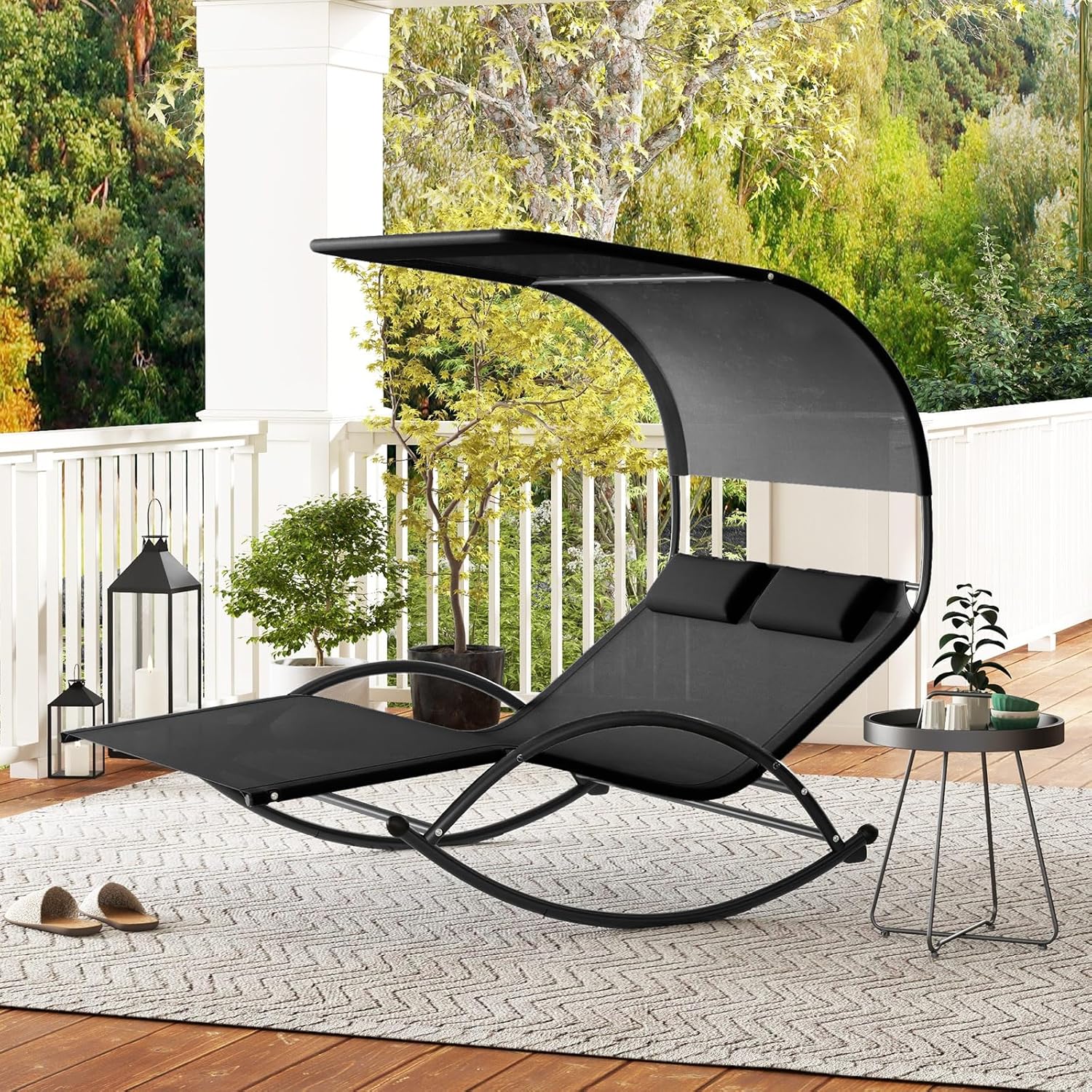GIANTEX Sonnenliege, Doppel-Schaukelstuhl mit Dach & Kopfkissen, Outdoor Doppelliege Gartenliege, Relaxliege für 2 Personen, maximale Belastung 300kg (Schwarz)