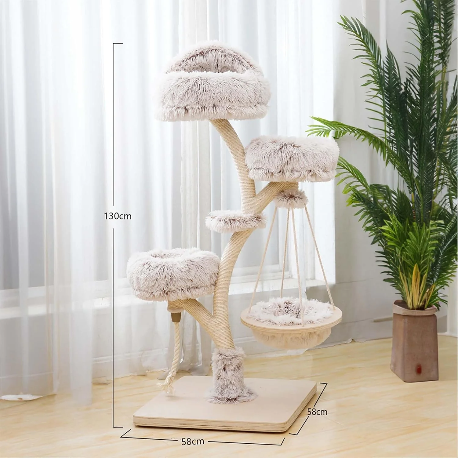 Fudajo Designer Krabpaal in Takontwerp 130 cm hoog, Kattenkrabpaal met Pluche en Sisal, Klimboom voor Katten, Kattenboom met Hanggemat