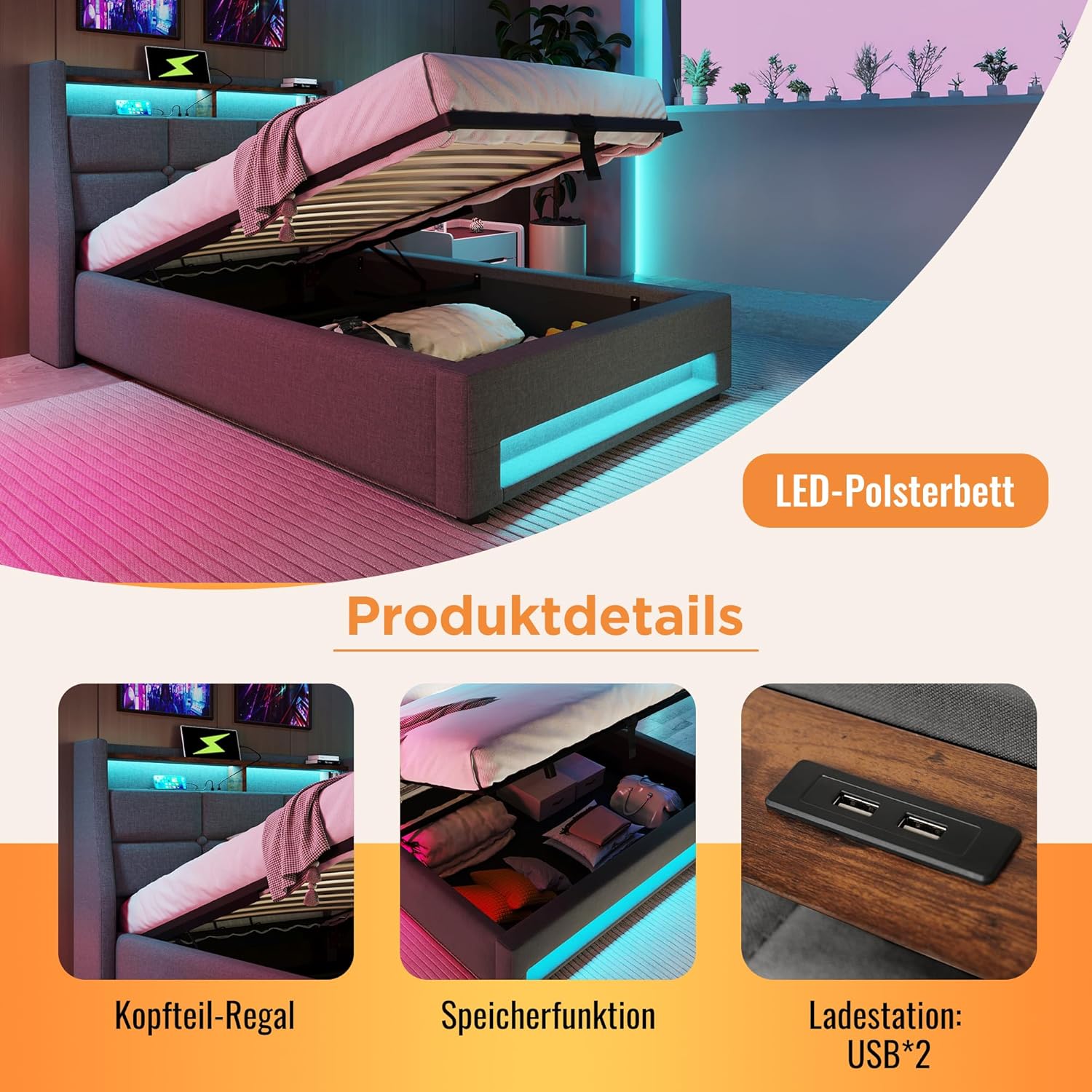 Merax Polsterbett 90x200cm, Einzelbett mit Bettkasten und Lattenrost, Stauraum Kopfteil mit LED und USB Ladefunktion, Hydraulisch Stauraumbett Funktionsbetten, Leinen, Jugendbett, ohne Matratze, Grau