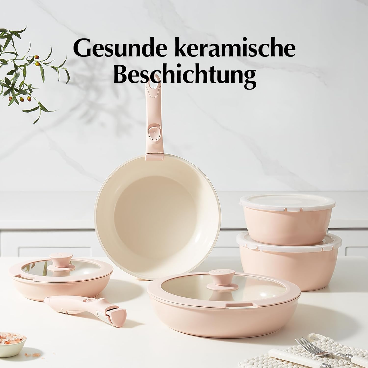 Redchef Topfsets Pfannenset 16-Teilig Antihaft-Keramik-Kochgeschirr-Set mit Abnehmbaren Griffen, Pfanne 20/26cm, Tiefe Bratpfanne 26cm, Topf 18/20cm, Stapelbar Topfset Für alle Herdarten, Ofenfest