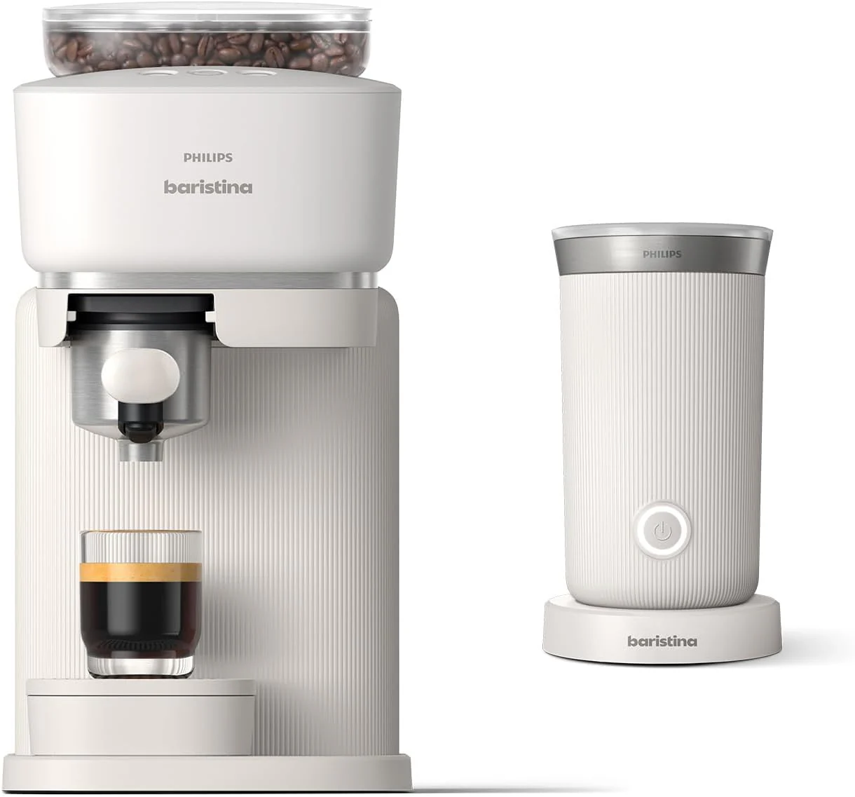 Philips Baristina Espressomaschine - Real Espresso- made simple. Kompakte Kaffeemaschine- Naturwei? mit wei?em Siebtr?ger- 16-bar-Pumpendruck- automatisches Mahlwerk- Cafe Crema (BAR300/00)