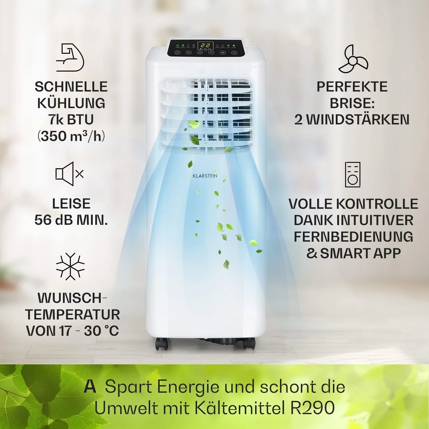 Klarstein Airconditioner, 4-in-1 Airconditioningsysteem, Luchtontvochtiger, Ventilator & Nachtmodus, Mobiele airconditioner met afvoerslang, App-bediening, Airconditioner voor ruimtes tot 44 m2, 9000 BTU, Wit