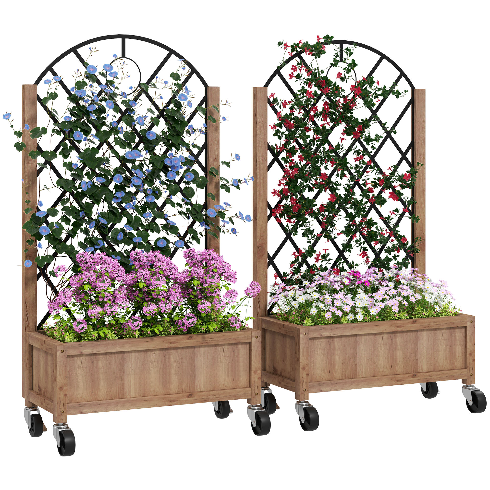 2-delige set verhoogde bloembedden met wielen, klimrek, trellispot bloembak hout 52x25x97cm Bruin