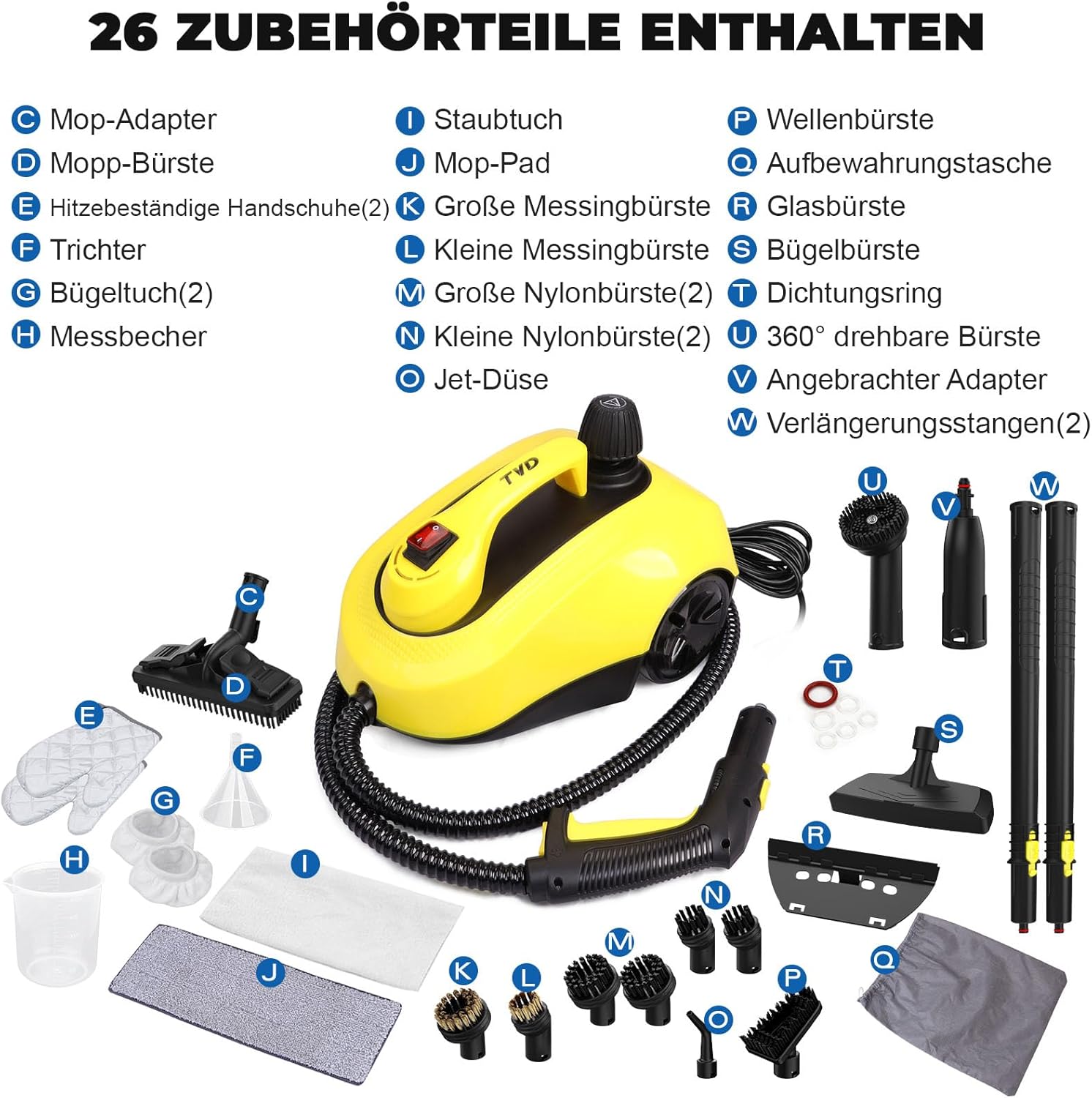 TVD Dampfreiniger, Polstermöbelreiniger, Dampfreiniger mit 5 m extra langem Netzkabel für Bodendampfer, Ofen, Teppich, Sofa, Polster, Bettwanzen.