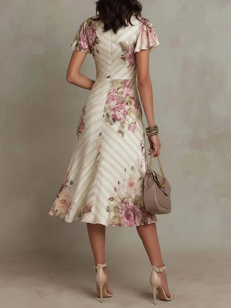 Midi-Kleid mit Blumenmuster f��r Hochzeitsg?ste | Wickeloptik mit V-Ausschnitt und leichten Flatter?rmeln | A-Linien Schnitt