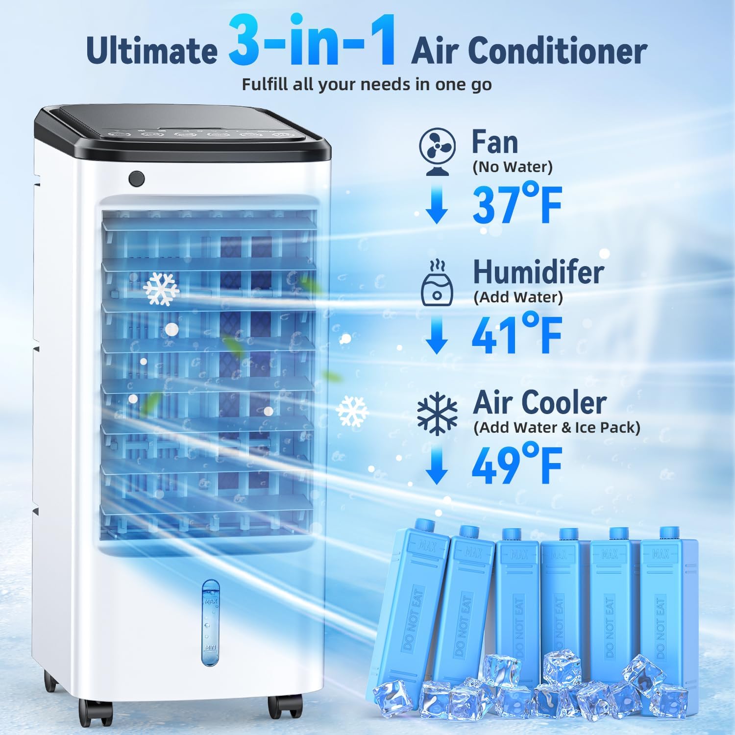 FANCOLE Tragbare Klimageräte ohne Fenster mit 6 Kühlakkus, 12H Smart Timer für Auto-Off, 7,8 m Fernbedienung, Top Fill Dual Tank, 3 Geschwindigkeiten Verdunstungsluftkühler, 70° Auto Swing Swamp