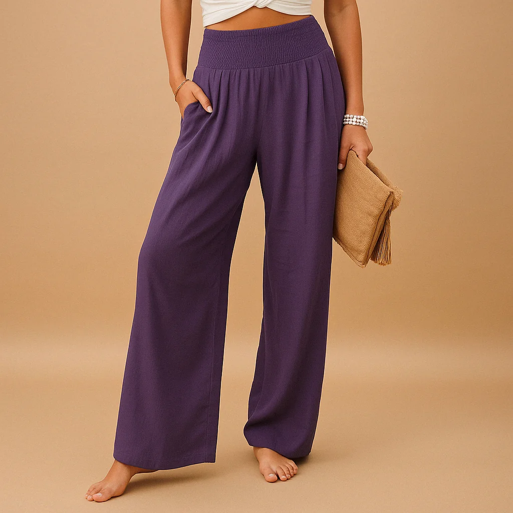 Damen Leinenhose mit elastischem Bund | Luftige Sommerhose aus Baumwolle-Leinen-Mix | Bequeme Stoffhose mit geradem Schnitt