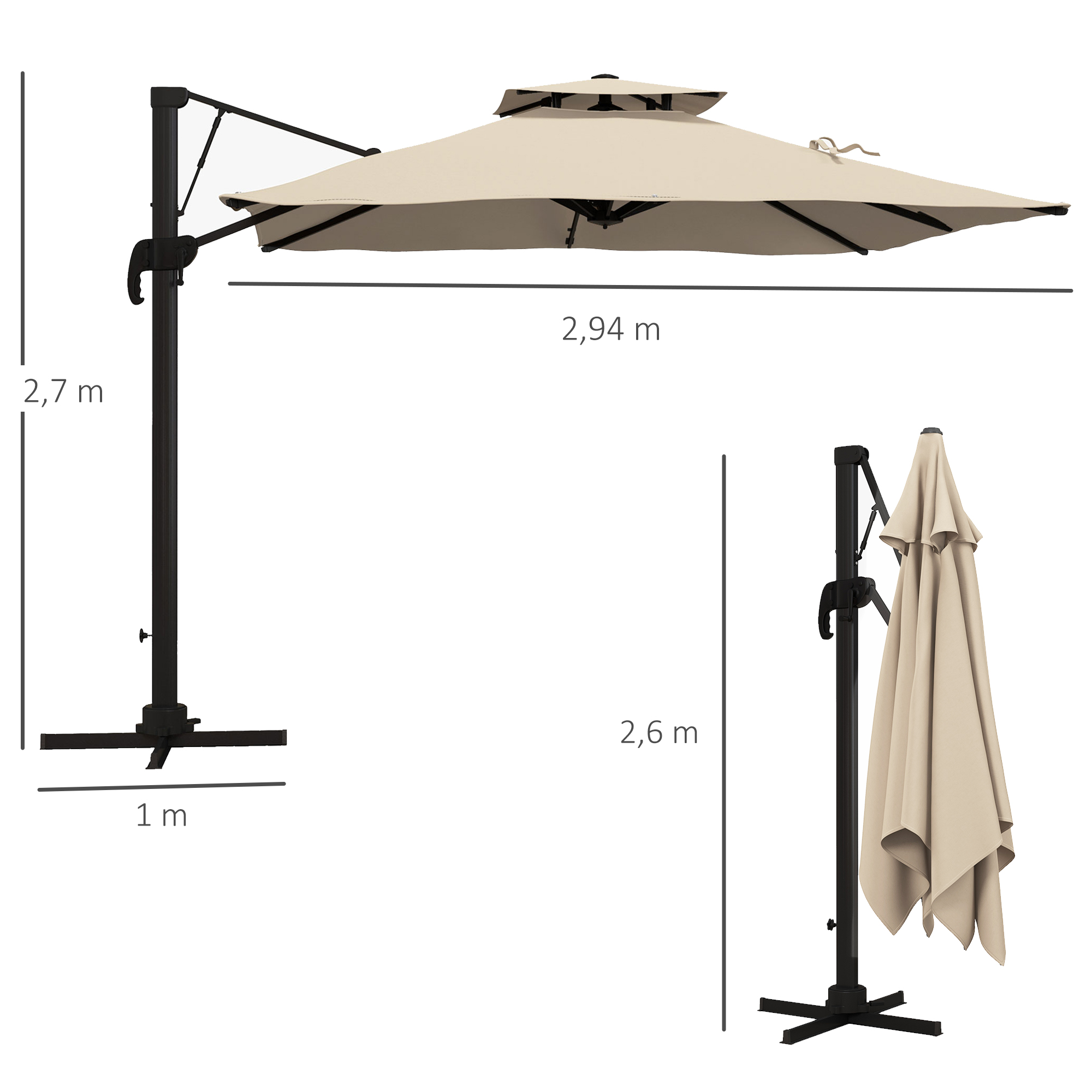 Outsunny Zweefparasol 2.94x2.94, Aluminium, Khaki