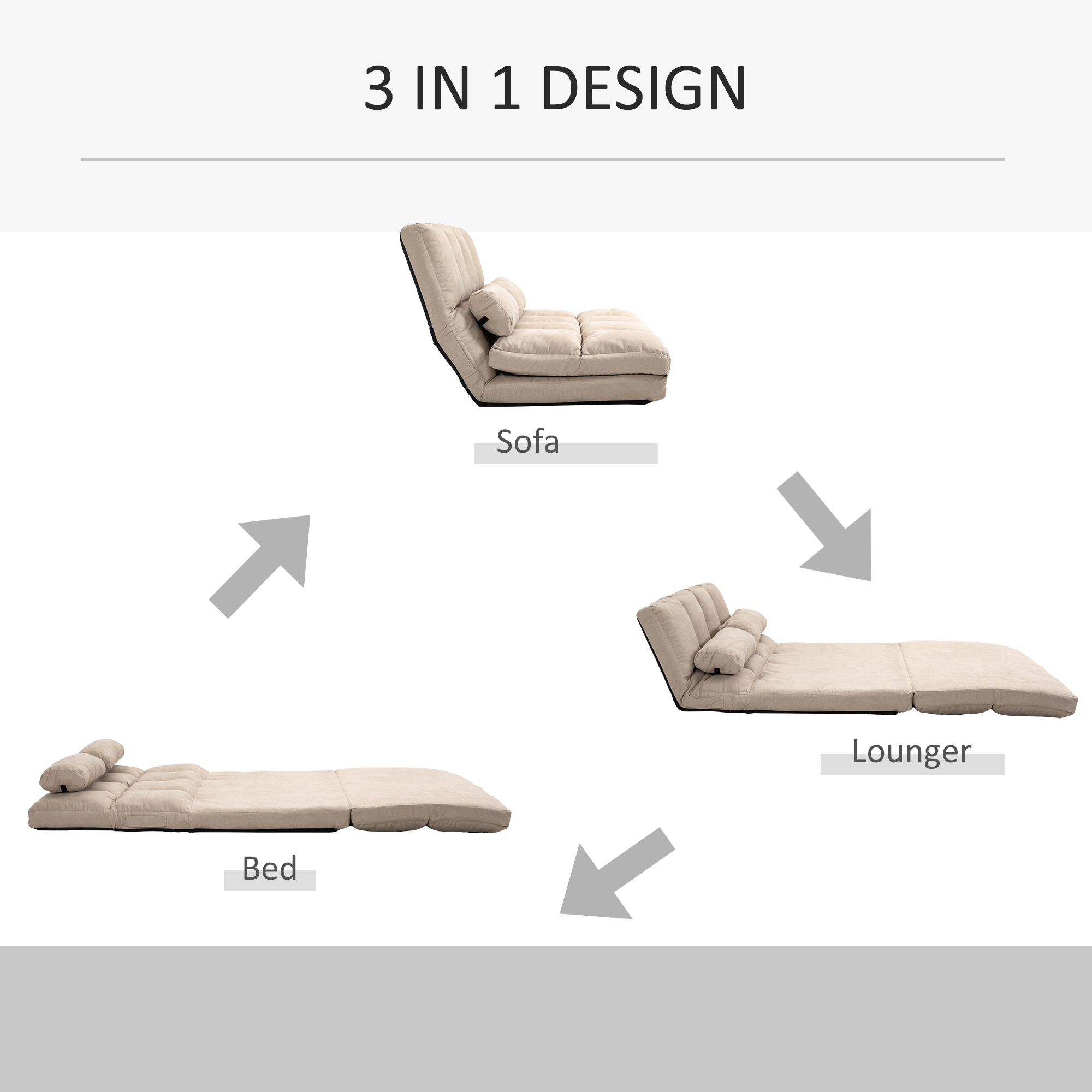 2-in-1 Vloerstoel met Verstelbare Rugleuning, 102 x 73 x 60 cm, Beige