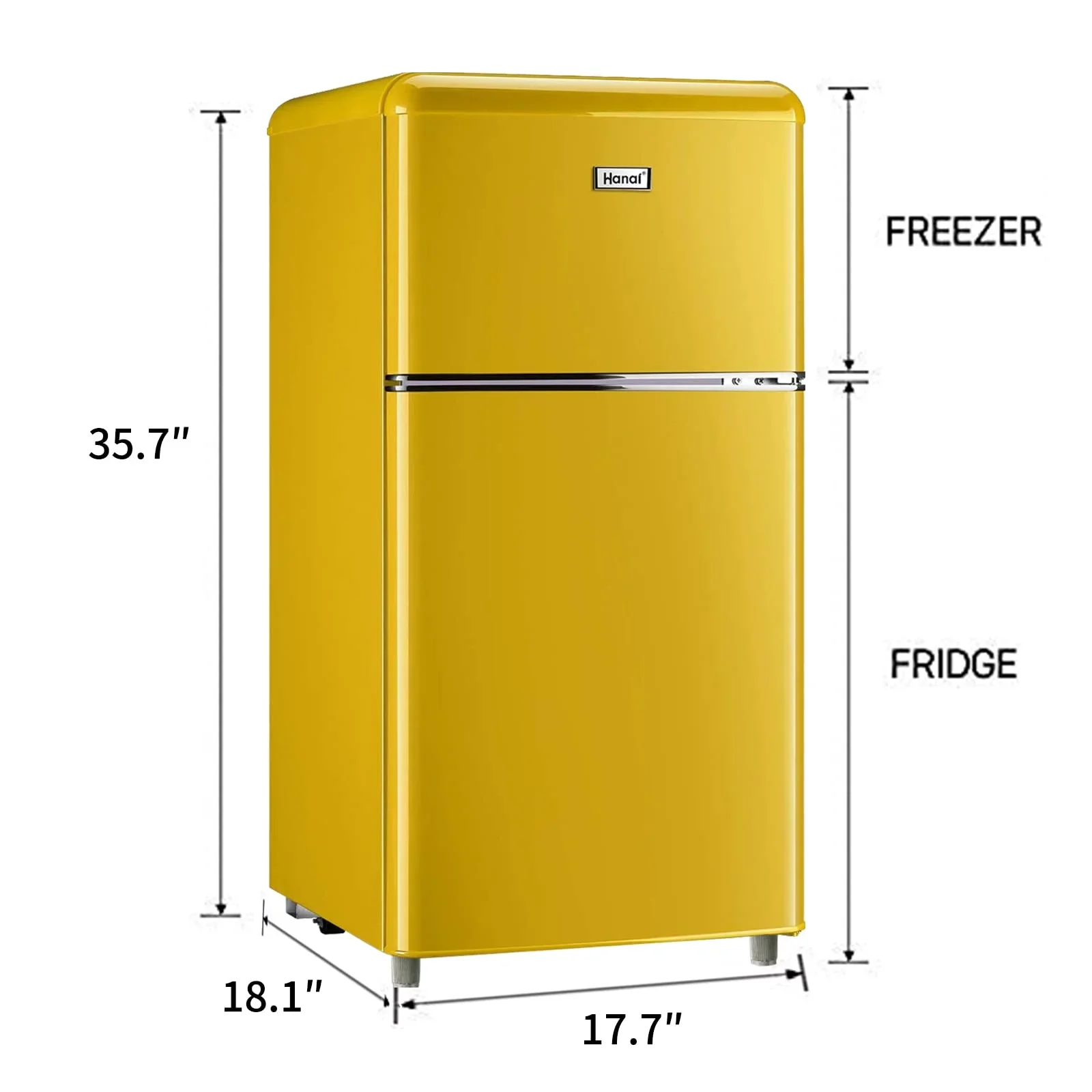 Mini refrigerador WANAI, 3.5 pies cúbicos, doble puerta con congelador, amarillo