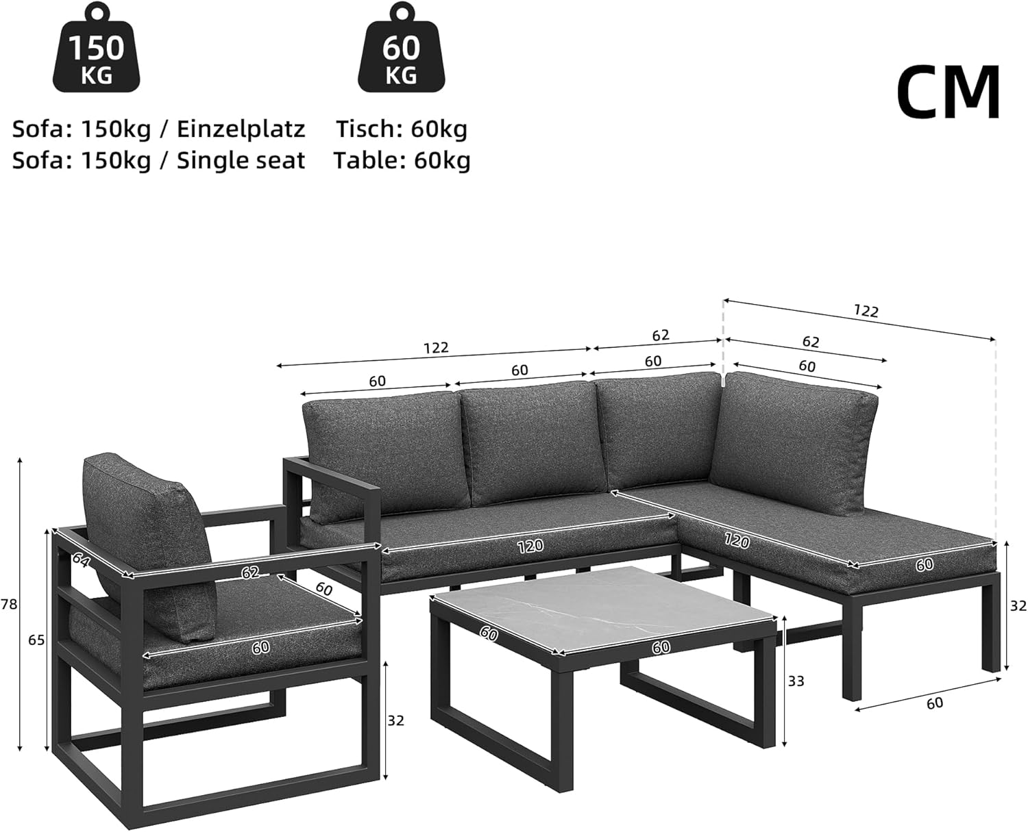 Kayan Gartenlounge Set für 4-5 Personen, Lounge Gartenmöbel Set mit Ecksofa, Sessel und Couchtisch, Balkonmöbel Wetterfest mit verzinktem Eisengestell und Kissen, verstellbare Füße, Grau